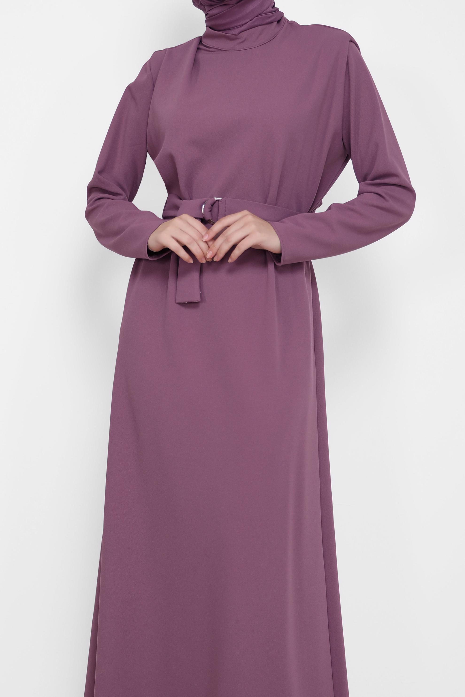 Tesettür giyim MOR KUŞAKLI HAKİM YAKA ELBİSE 42171 