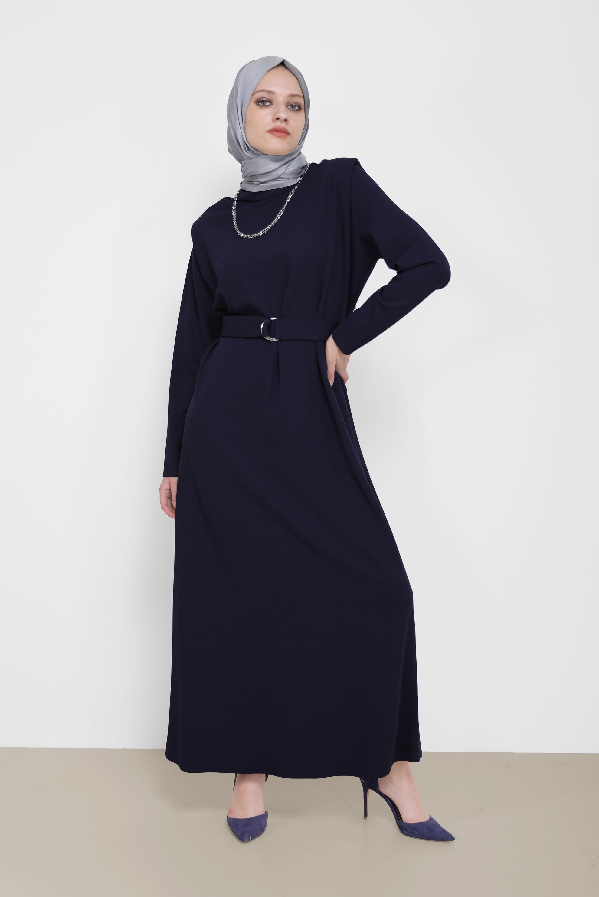 Hijab clothing NAVY BLUE BELTED MANDARIN COLLAR DRESS 42171 