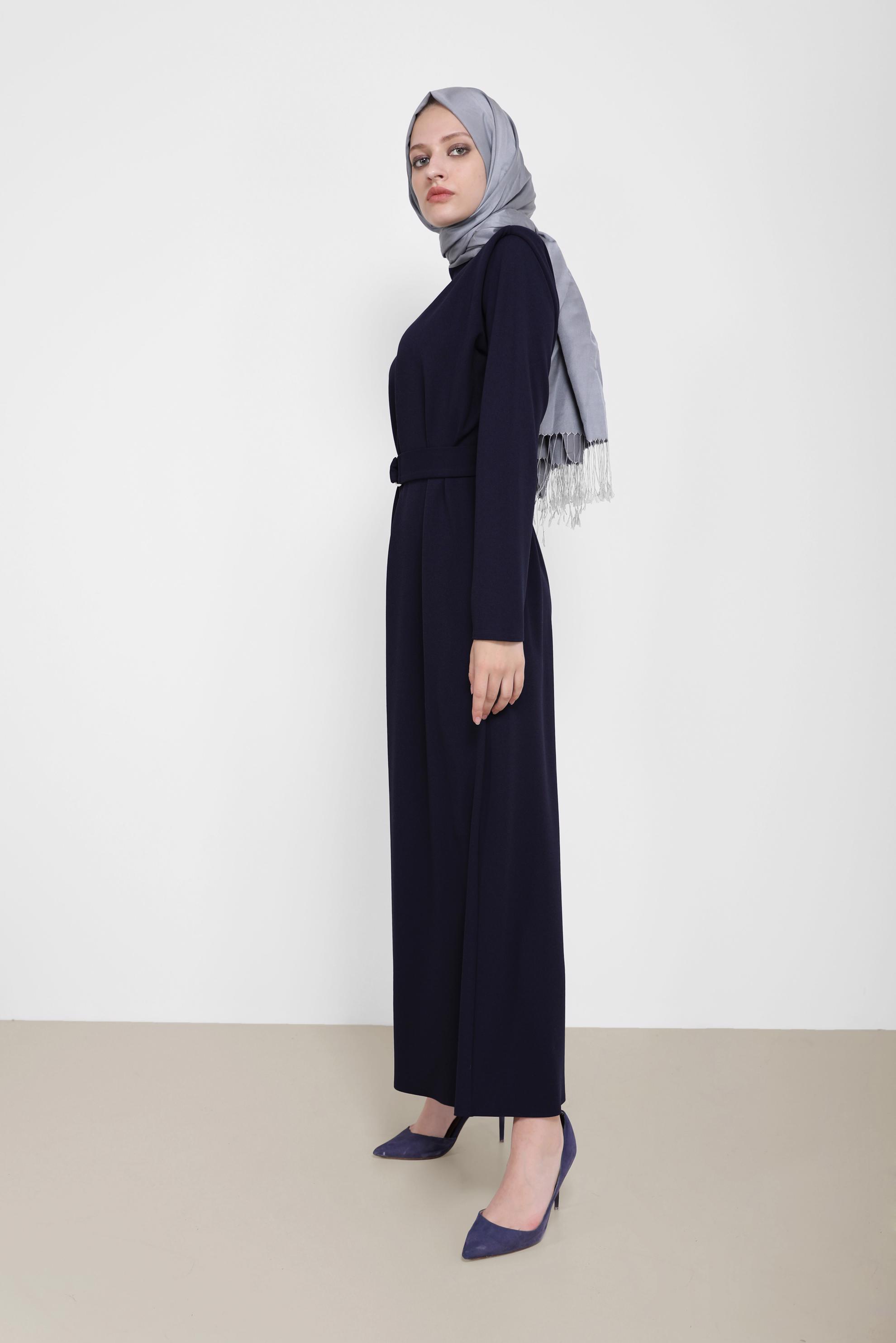 Hijab clothing NAVY BLUE BELTED MANDARIN COLLAR DRESS 42171 