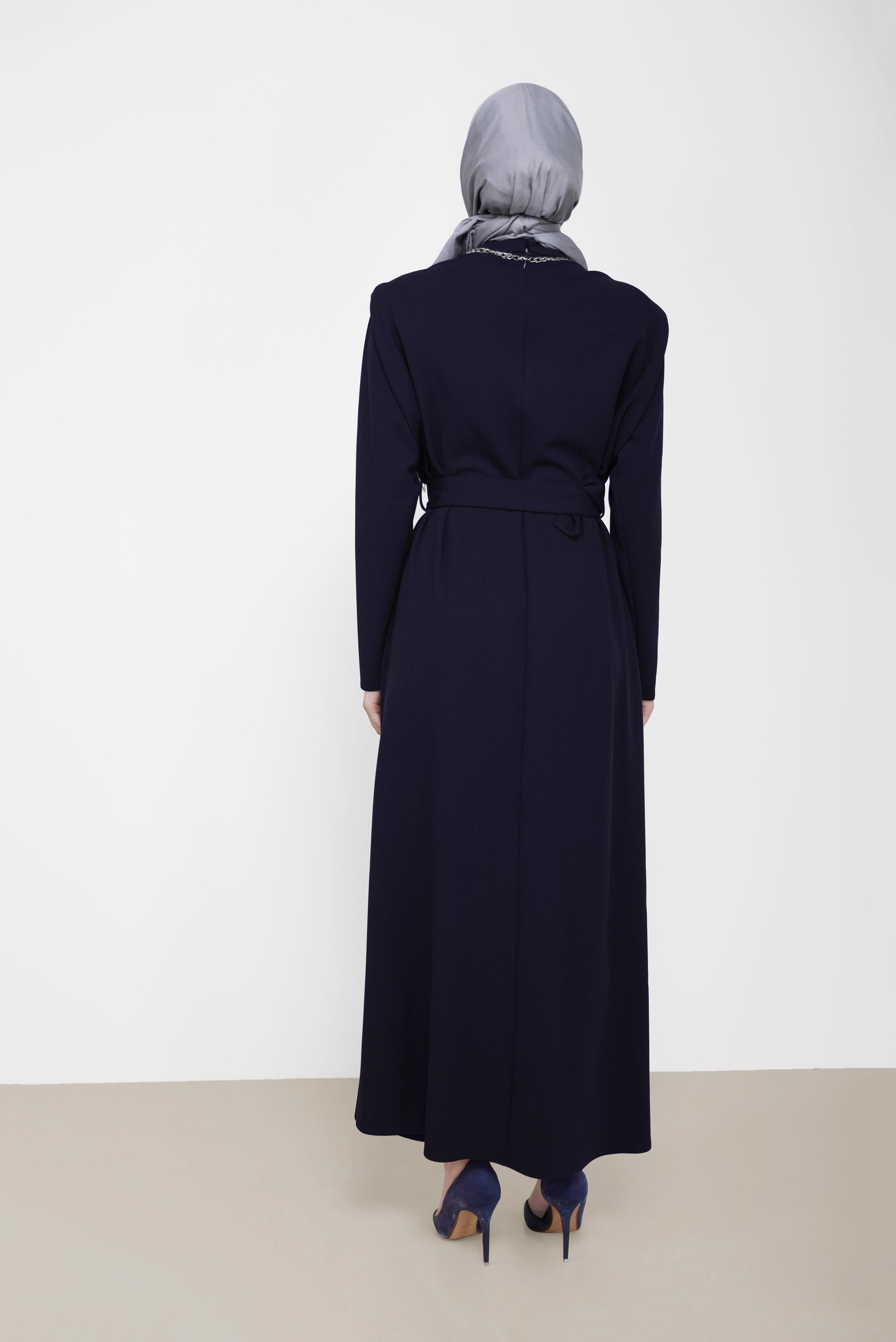Hijab clothing NAVY BLUE BELTED MANDARIN COLLAR DRESS 42171 
