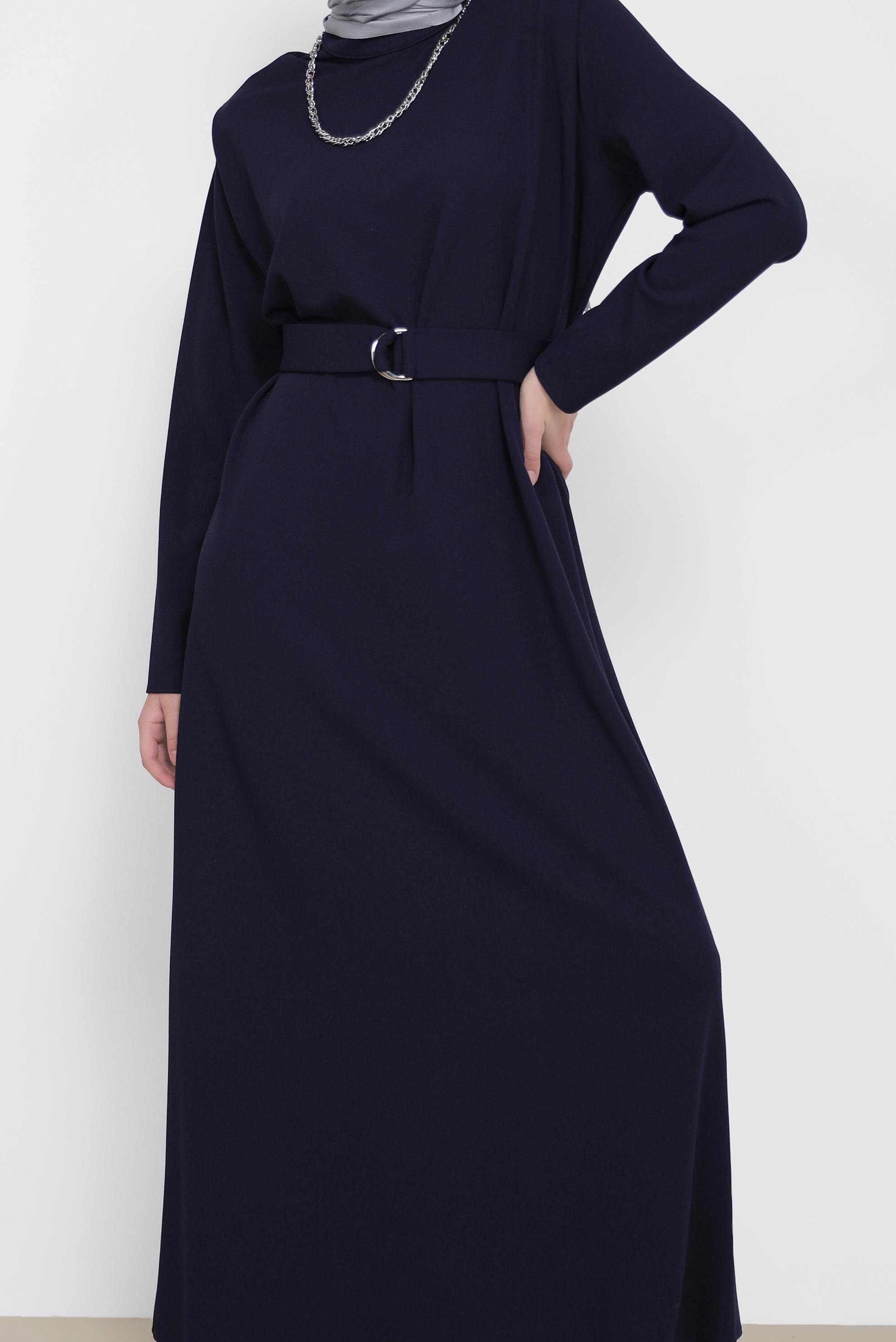 Hijab clothing NAVY BLUE BELTED MANDARIN COLLAR DRESS 42171 