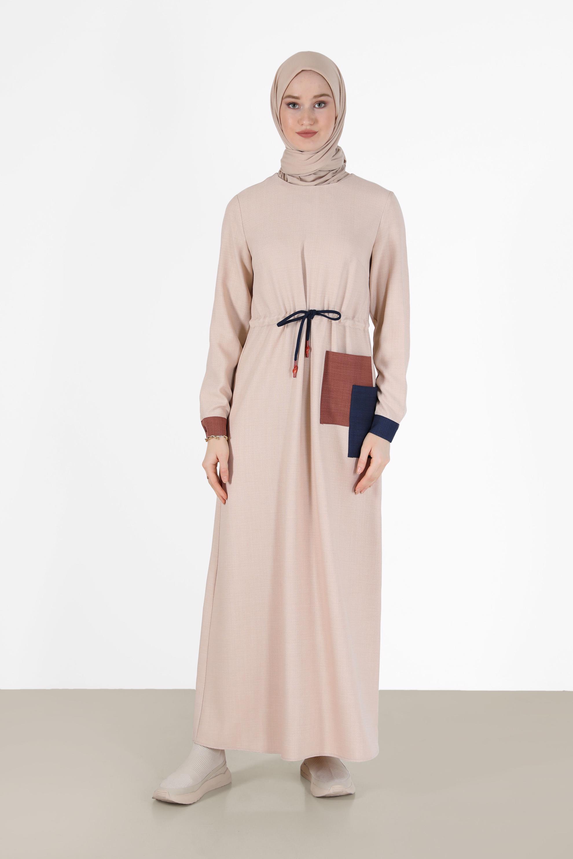 Hijab clothing BEIGE GATHERED WAIST POCKET DETAIL DRESS 42191 