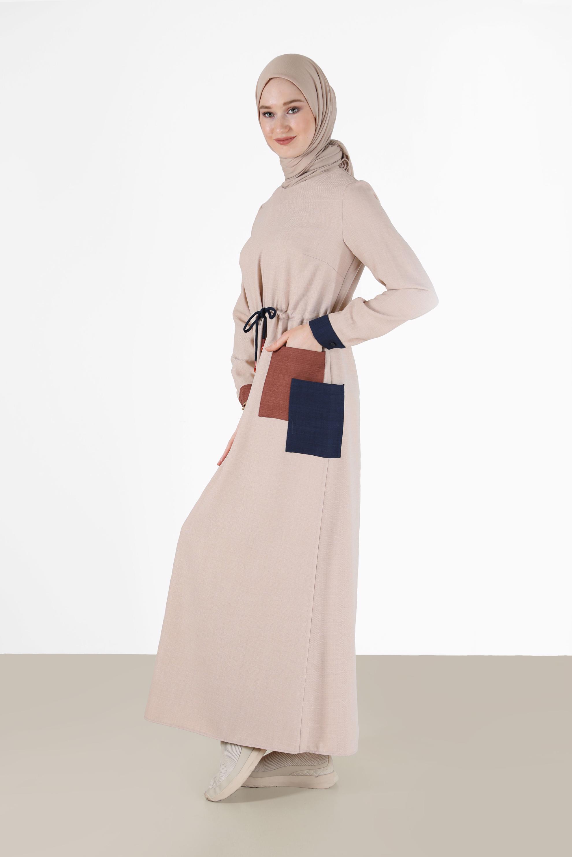 Hijab clothing BEIGE GATHERED WAIST POCKET DETAIL DRESS 42191 