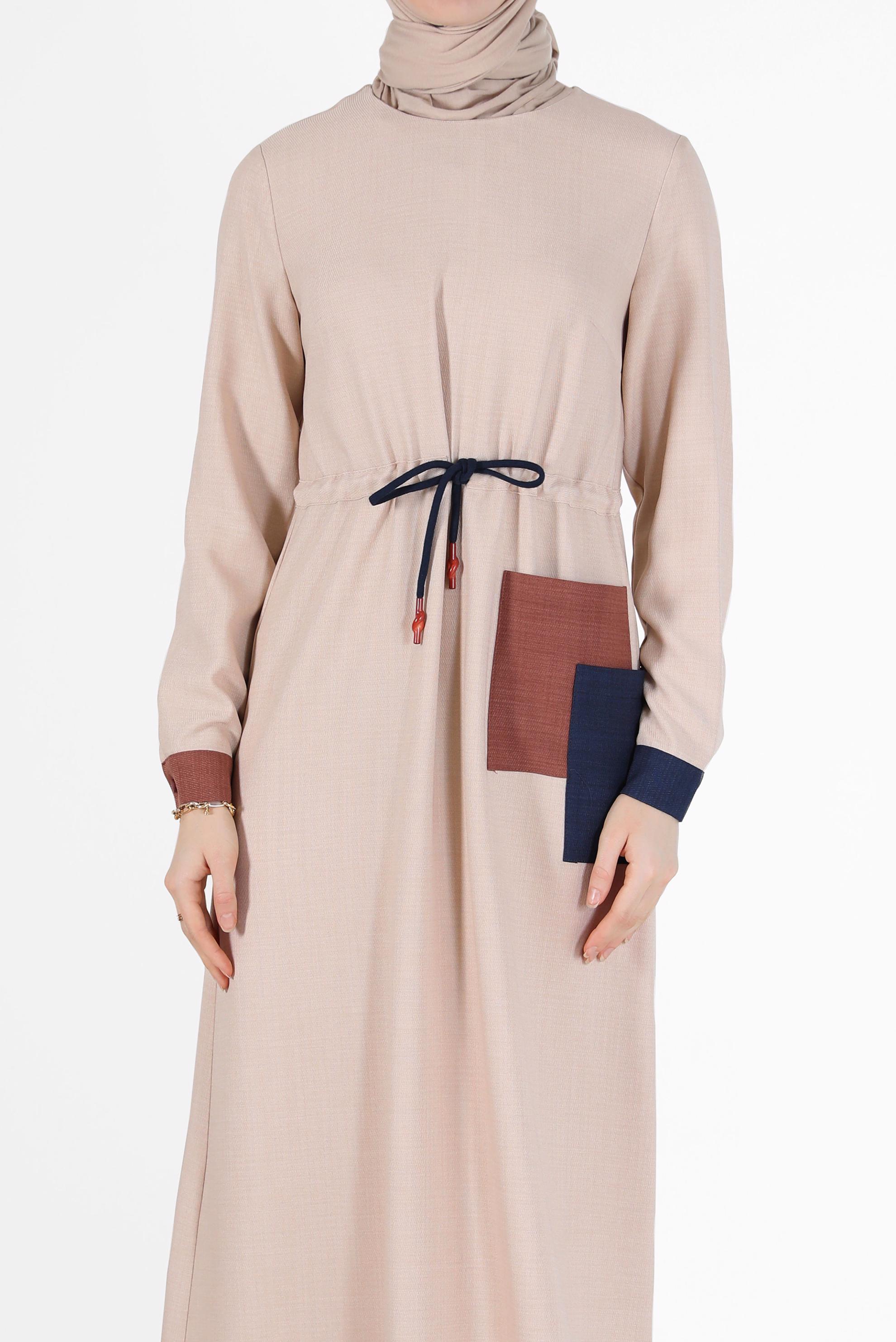 Hijab clothing BEIGE GATHERED WAIST POCKET DETAIL DRESS 42191 