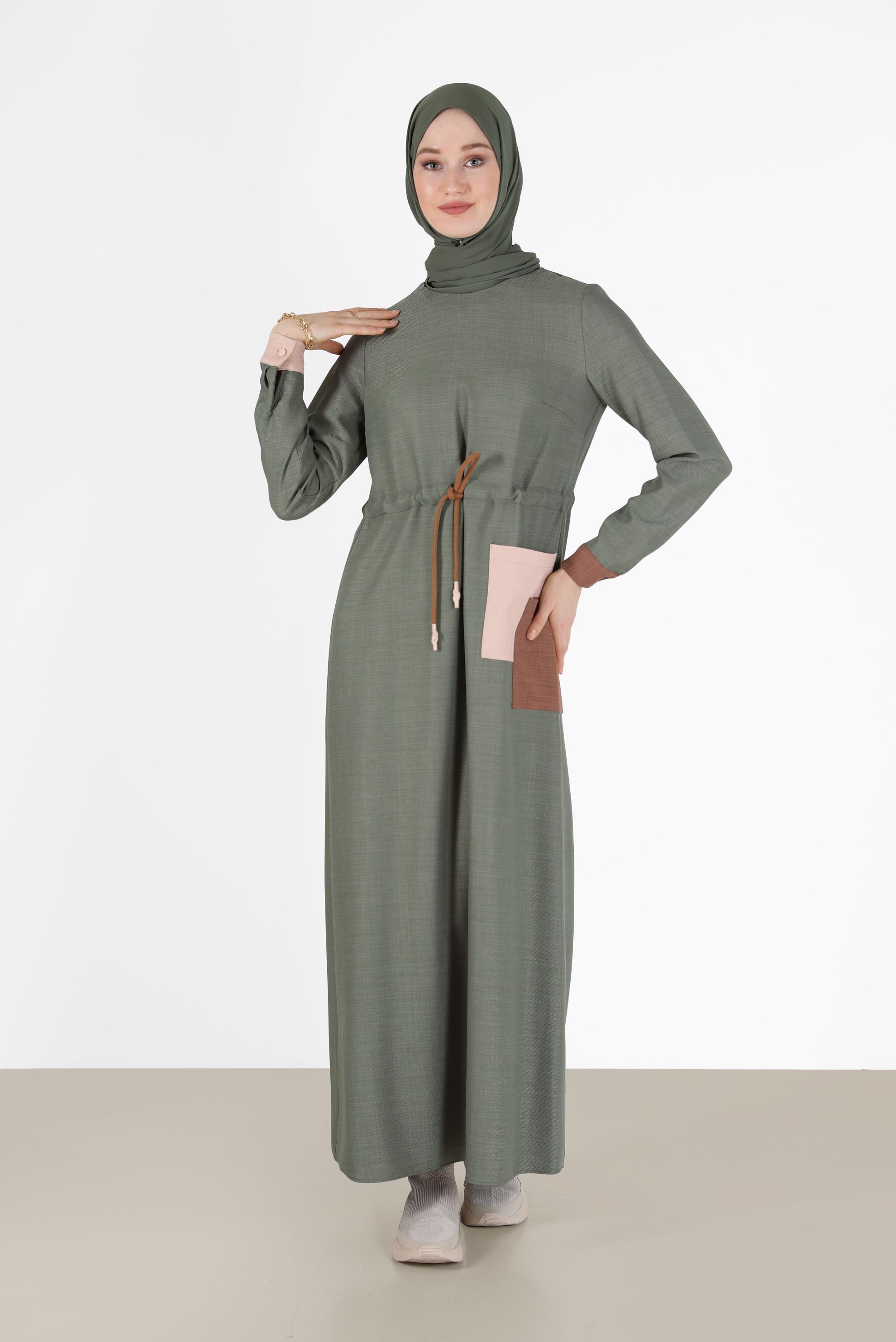 Hijab clothing GREEN GATHERED WAIST POCKET DETAIL DRESS 42191 