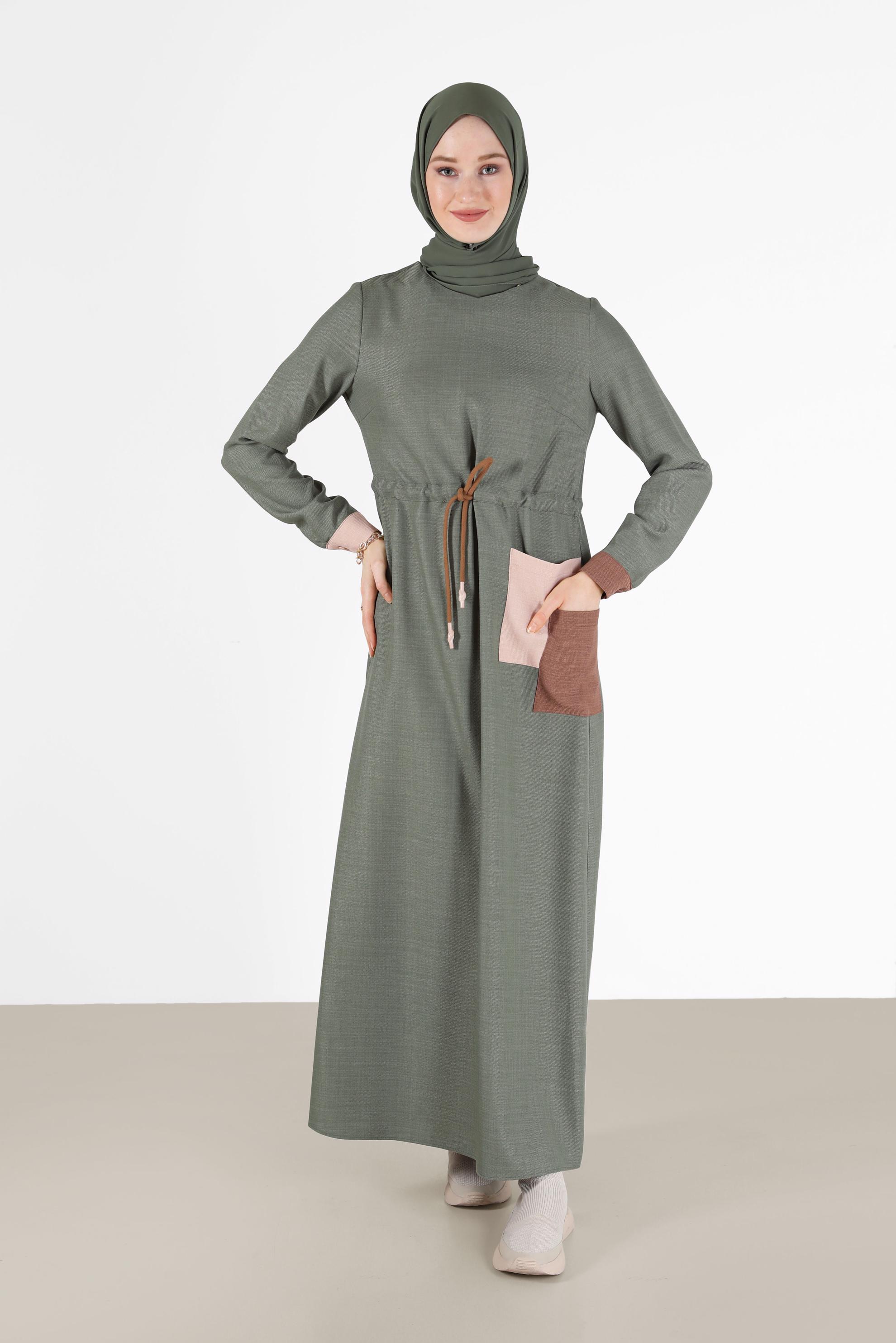 Hijab clothing GREEN GATHERED WAIST POCKET DETAIL DRESS 42191 
