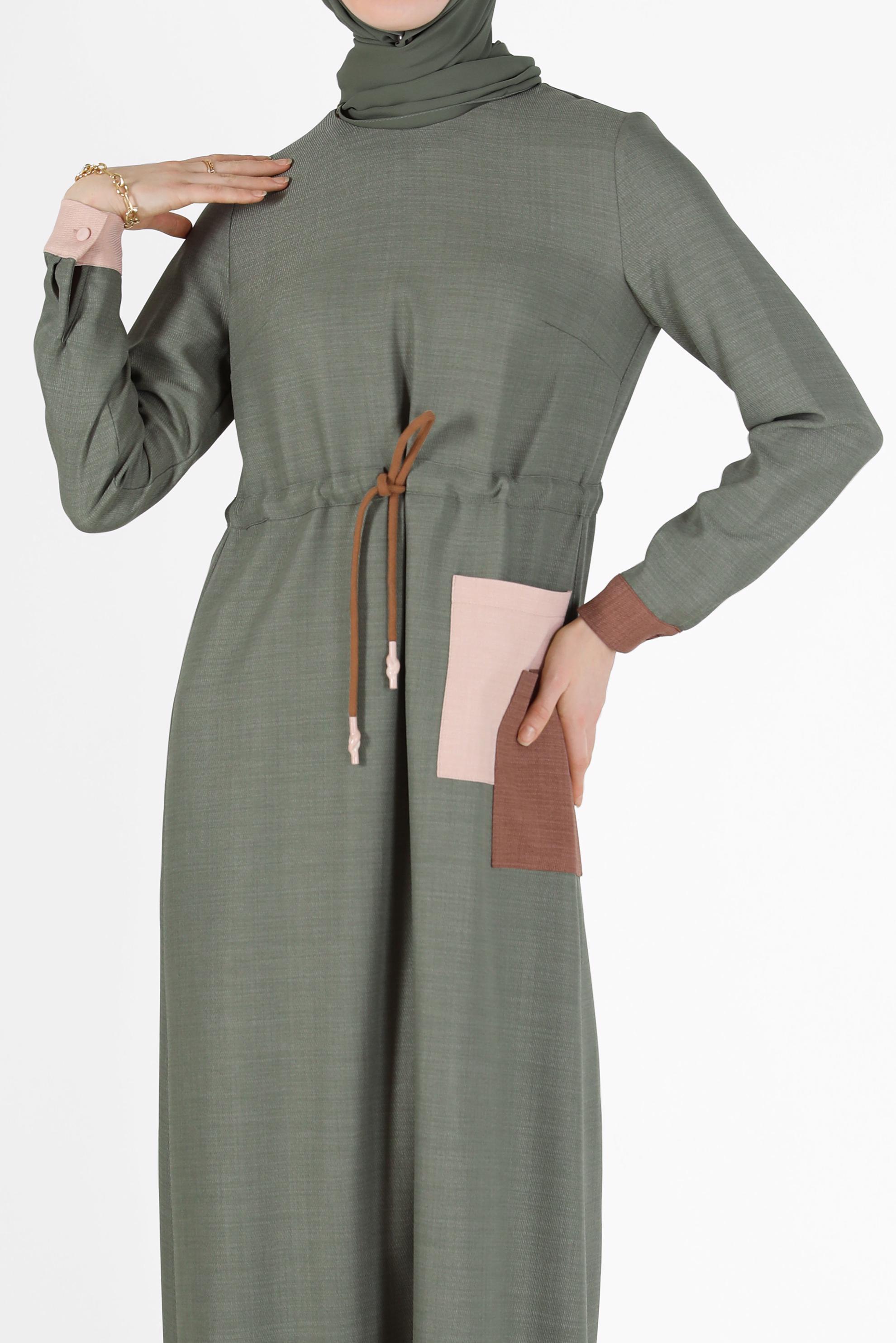 Hijab clothing GREEN GATHERED WAIST POCKET DETAIL DRESS 42191 