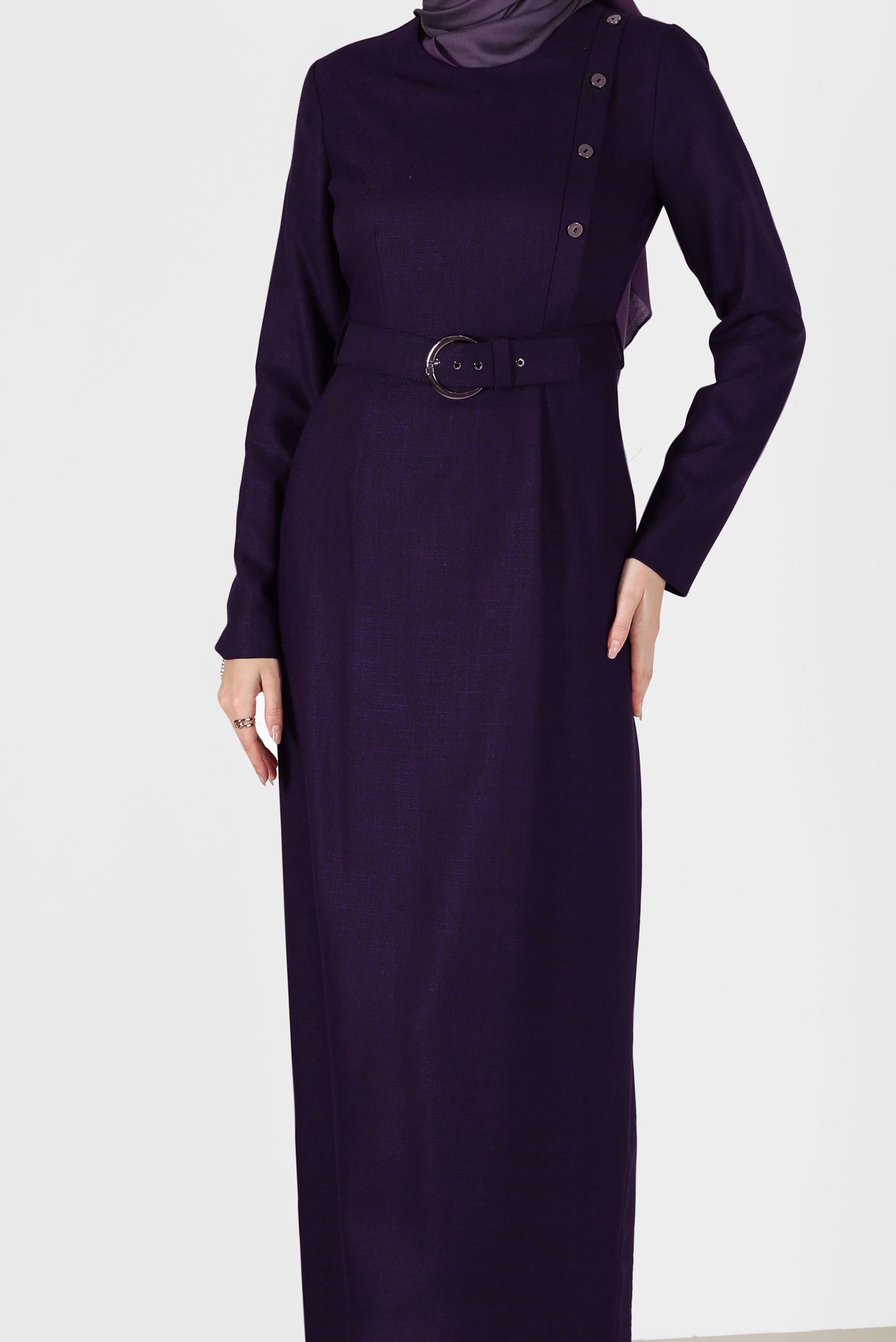 Vêtements hijab POURPRE ROBE CLASSIQUE AVEC CEINTURE ET BOUTONS 42192