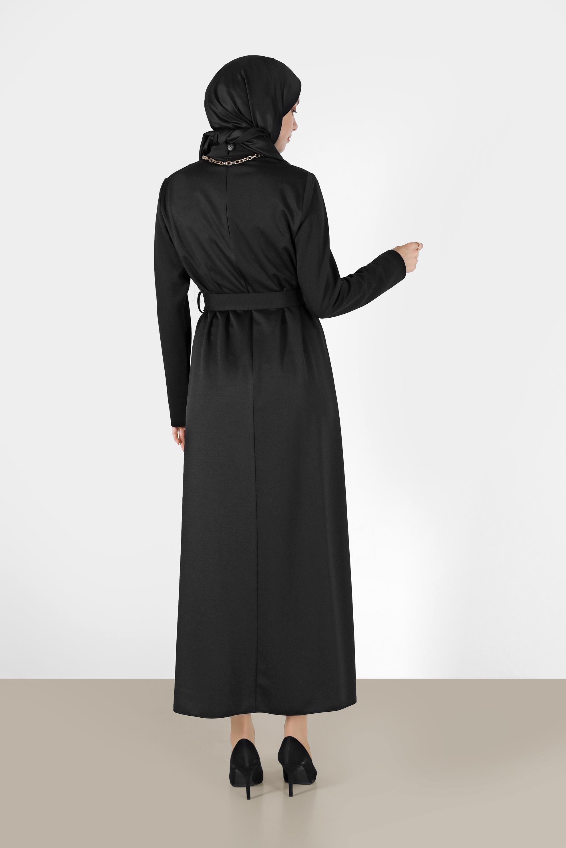 Tesettür giyim SİYAH DERİ DETAYLI KUŞAKLI ELBİSE 42193 