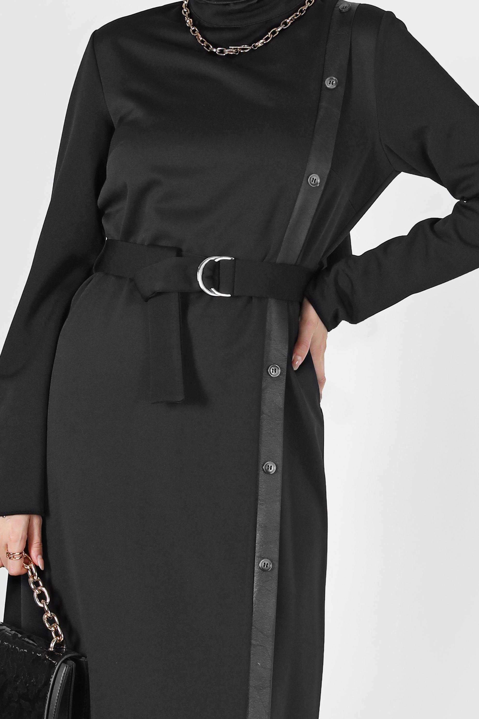 Tesettür giyim SİYAH DERİ DETAYLI KUŞAKLI ELBİSE 42193 