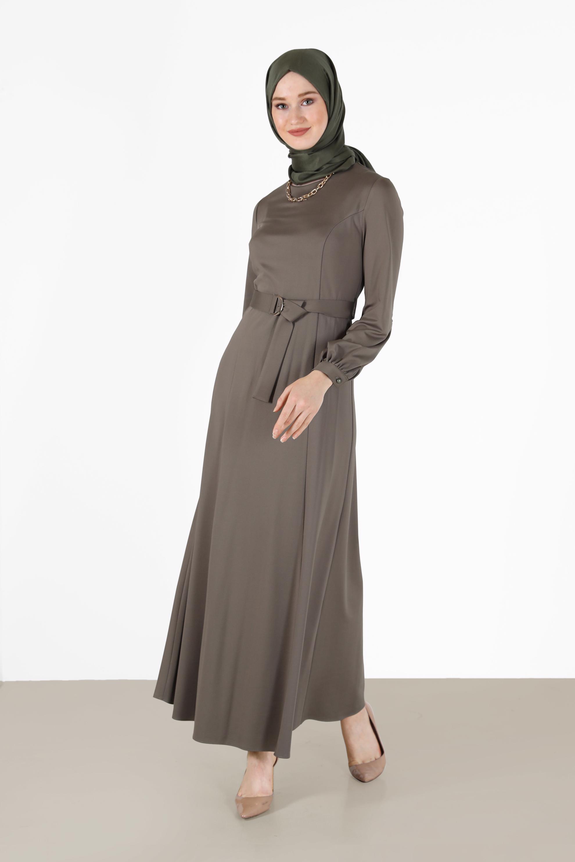 Tesettür giyim HAKİ BELİ KUŞAKLI KLASİK ELBİSE 42194 
