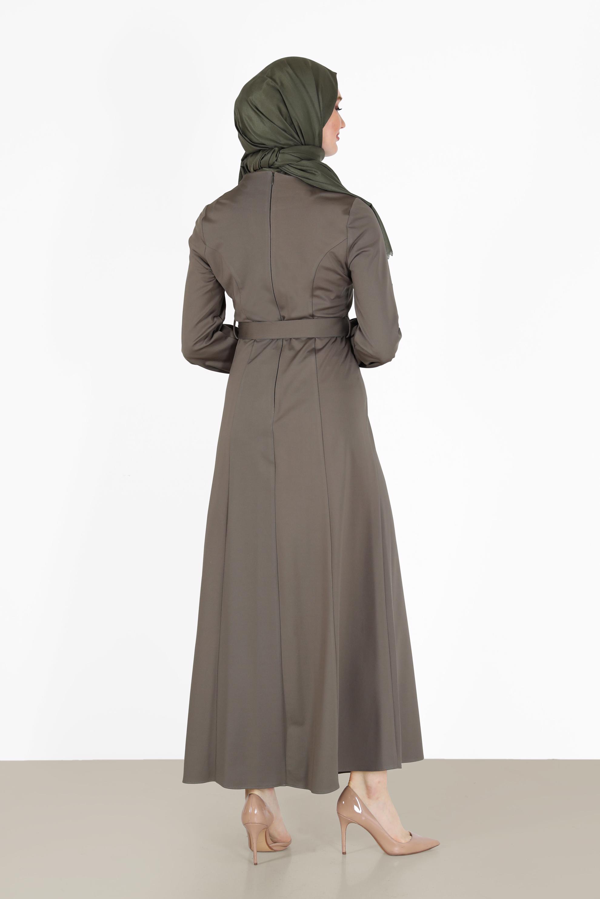 Tesettür giyim HAKİ BELİ KUŞAKLI KLASİK ELBİSE 42194 