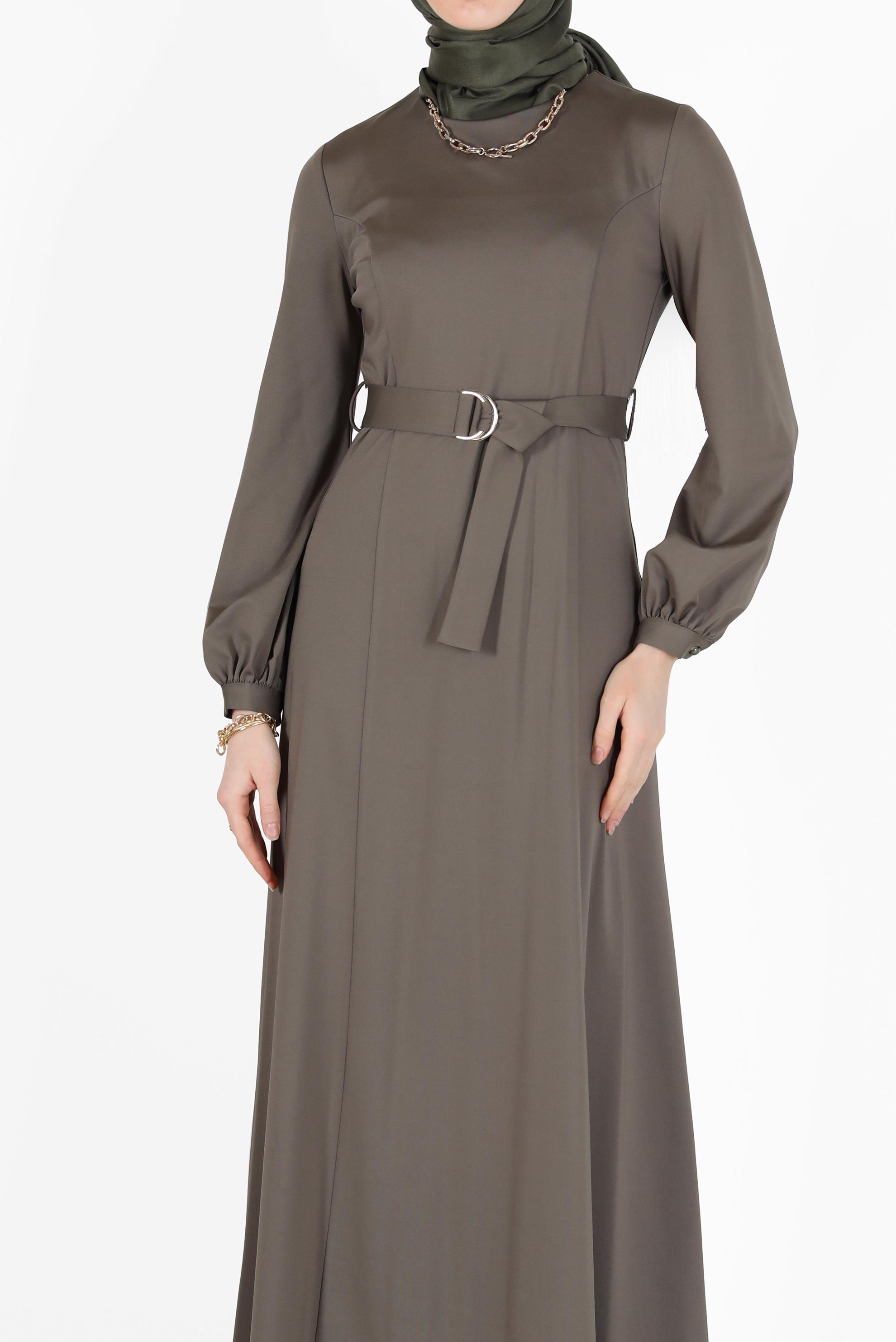 Tesettür giyim HAKİ BELİ KUŞAKLI KLASİK ELBİSE 42194 