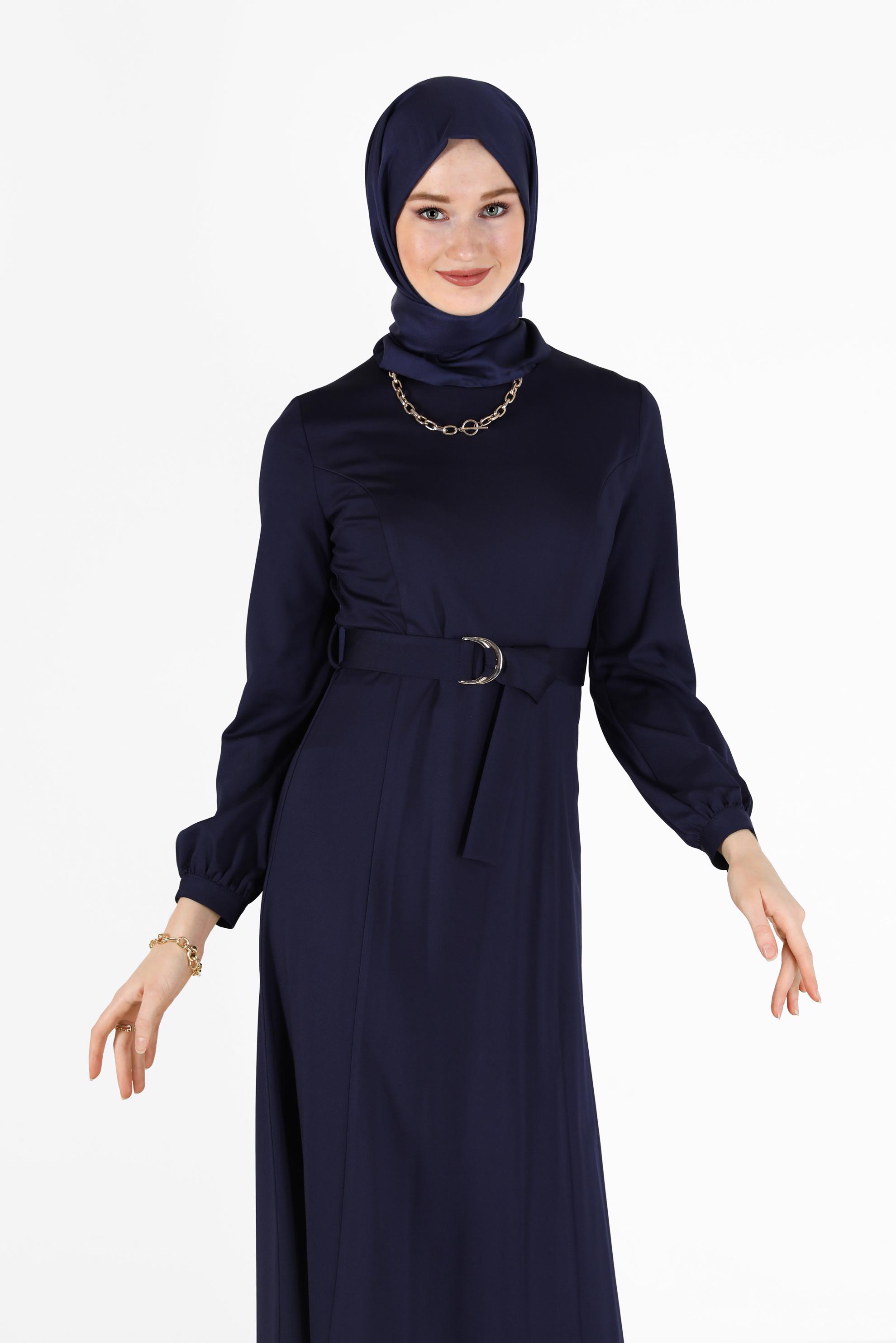 Hijab clothing NAVY BLUE BELTED CLASSIC DRESS 42194 