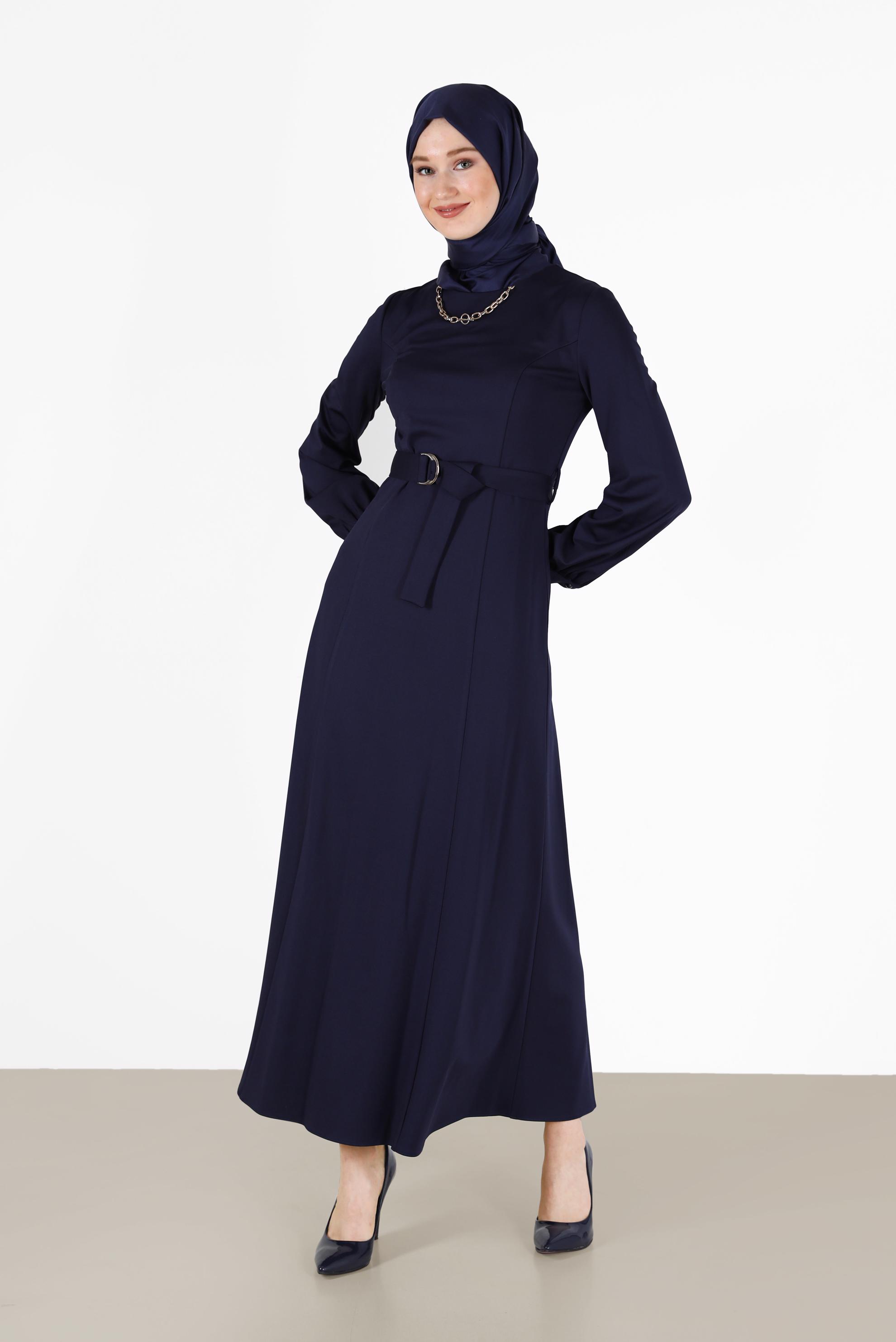 Hijab clothing NAVY BLUE BELTED CLASSIC DRESS 42194 