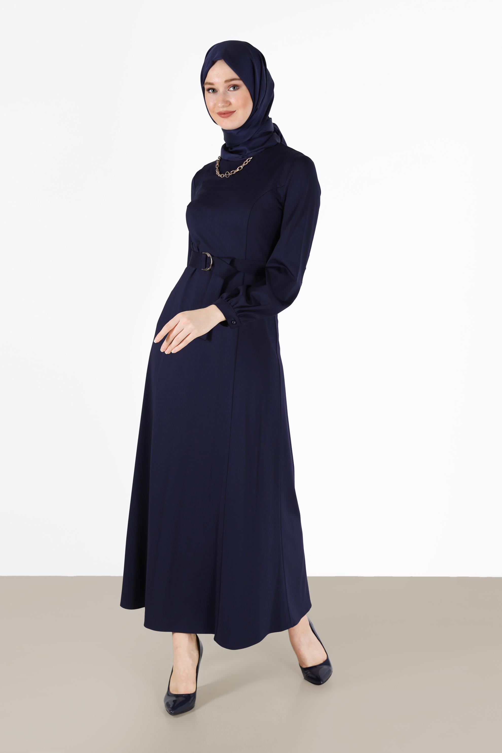 Hijab clothing NAVY BLUE BELTED CLASSIC DRESS 42194 