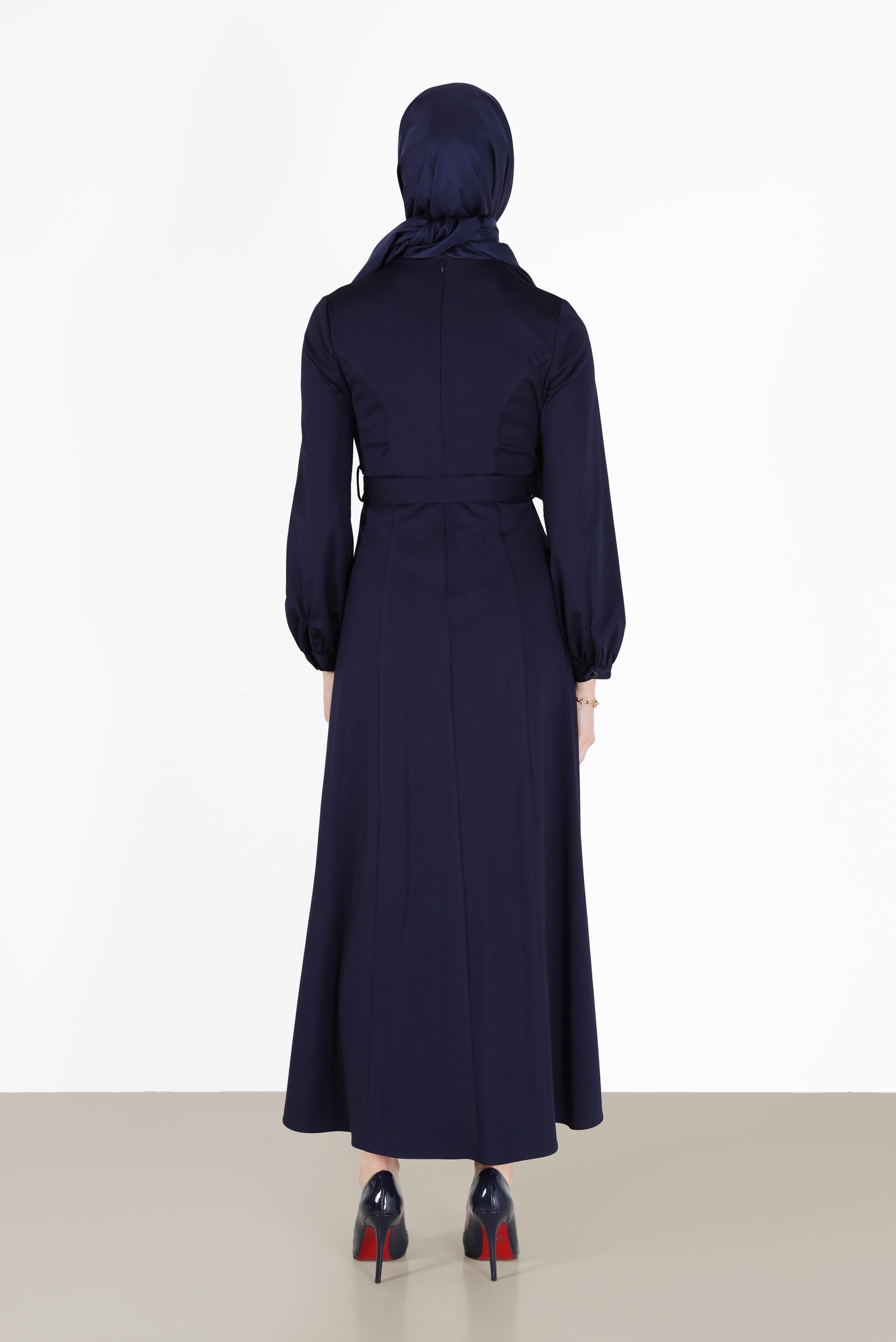 Hijab clothing NAVY BLUE BELTED CLASSIC DRESS 42194 