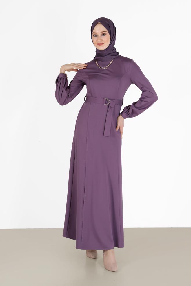 Tesettür giyim MOR BELİ KUŞAKLI KLASİK ELBİSE 42194  - ALVİNA