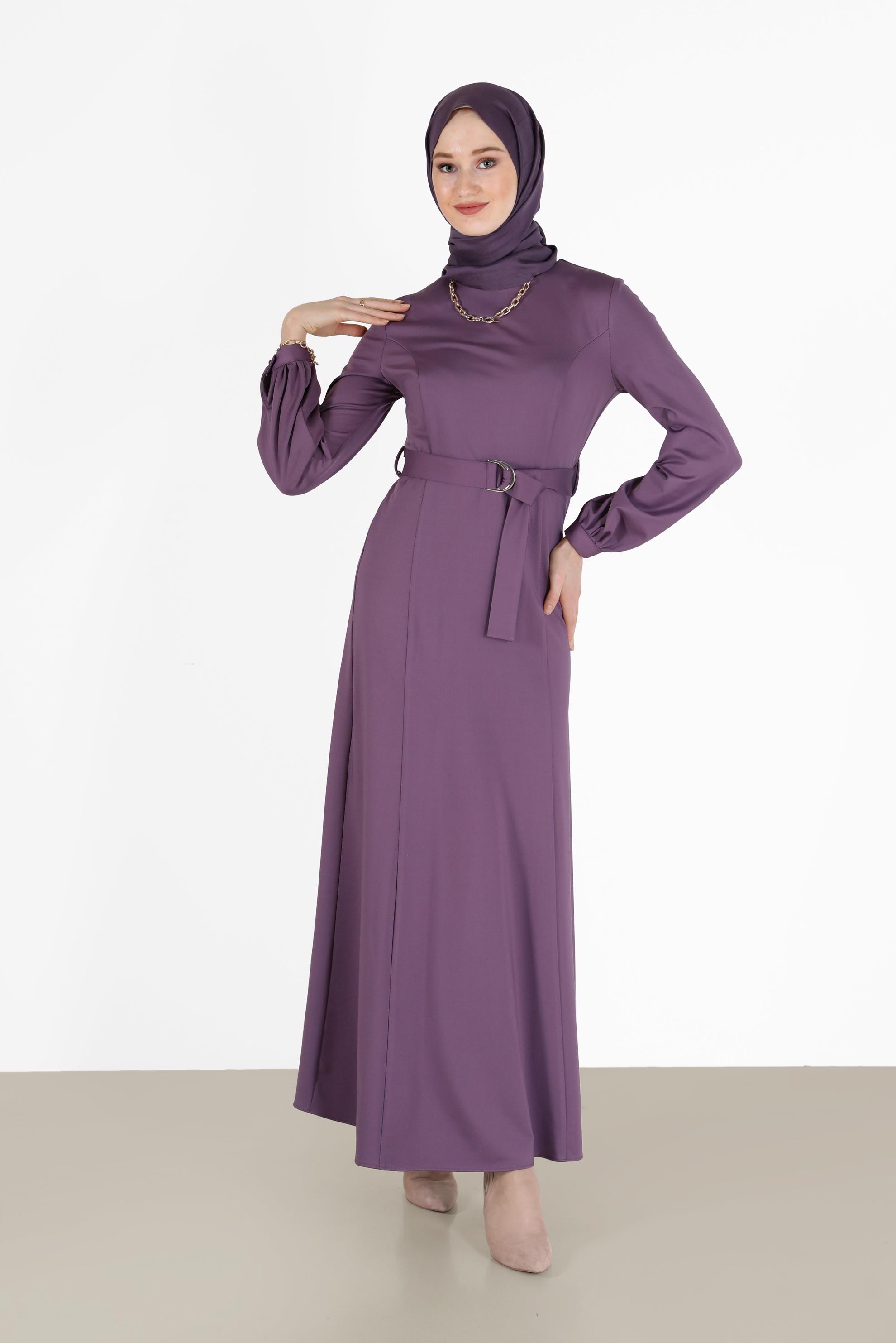 Tesettür giyim MOR BELİ KUŞAKLI KLASİK ELBİSE 42194 