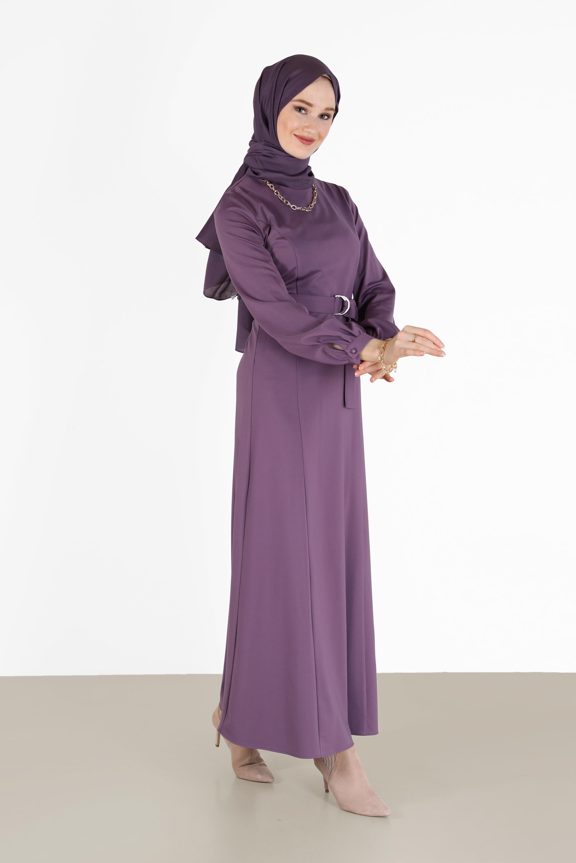 Tesettür giyim MOR BELİ KUŞAKLI KLASİK ELBİSE 42194 