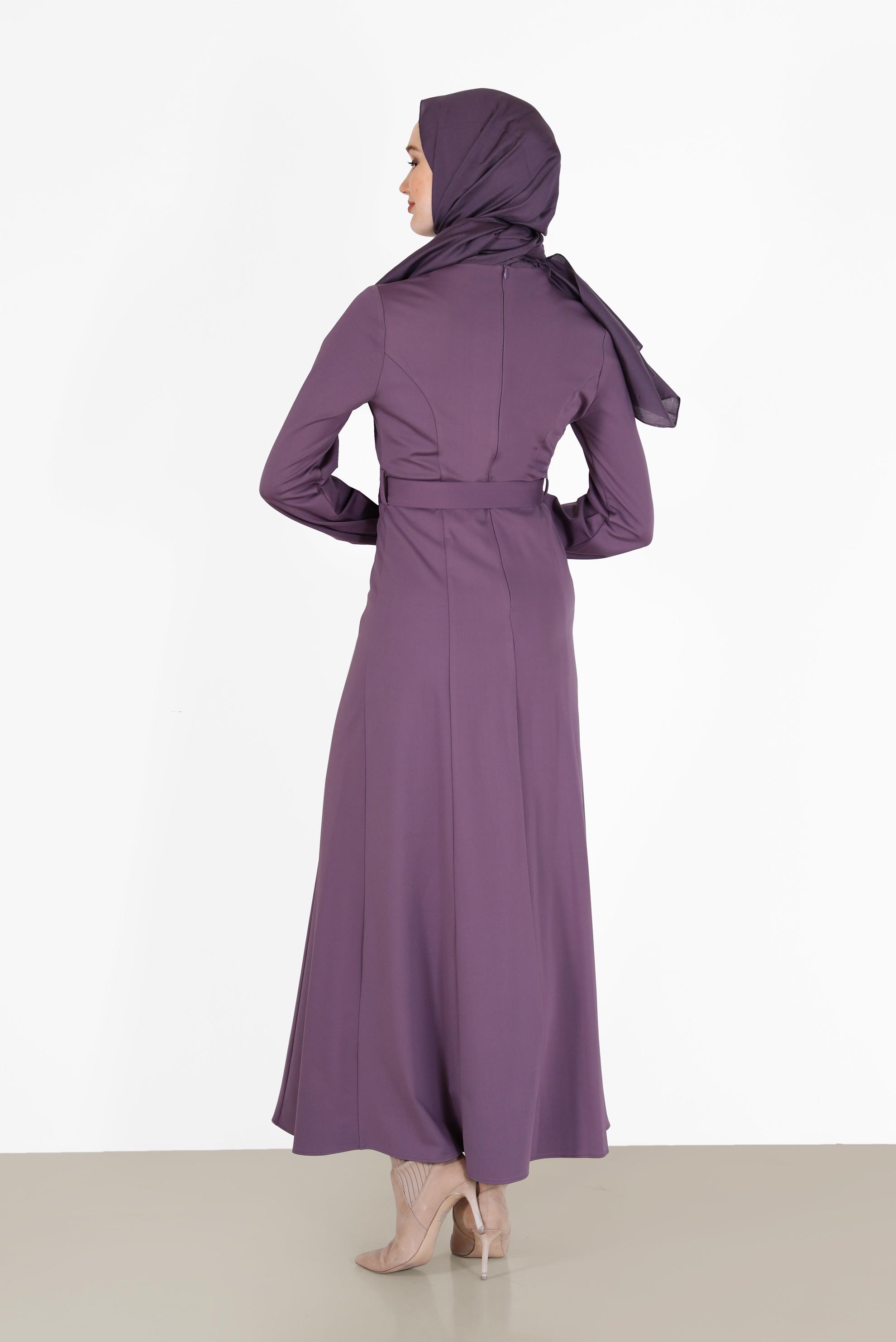 Tesettür giyim MOR BELİ KUŞAKLI KLASİK ELBİSE 42194 