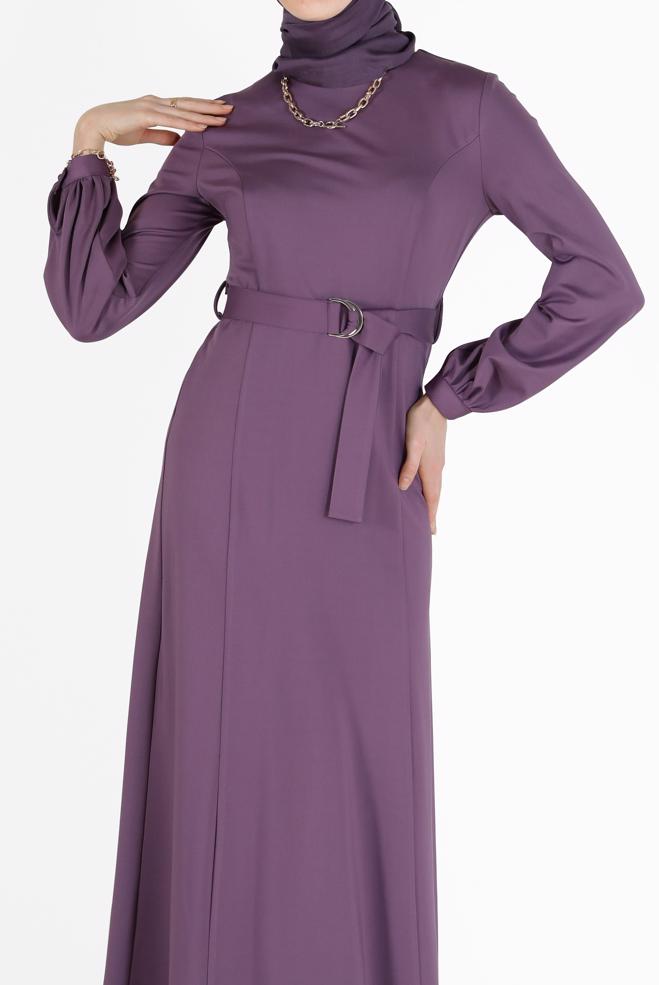 Tesettür giyim MOR BELİ KUŞAKLI KLASİK ELBİSE 42194  - ALVİNA