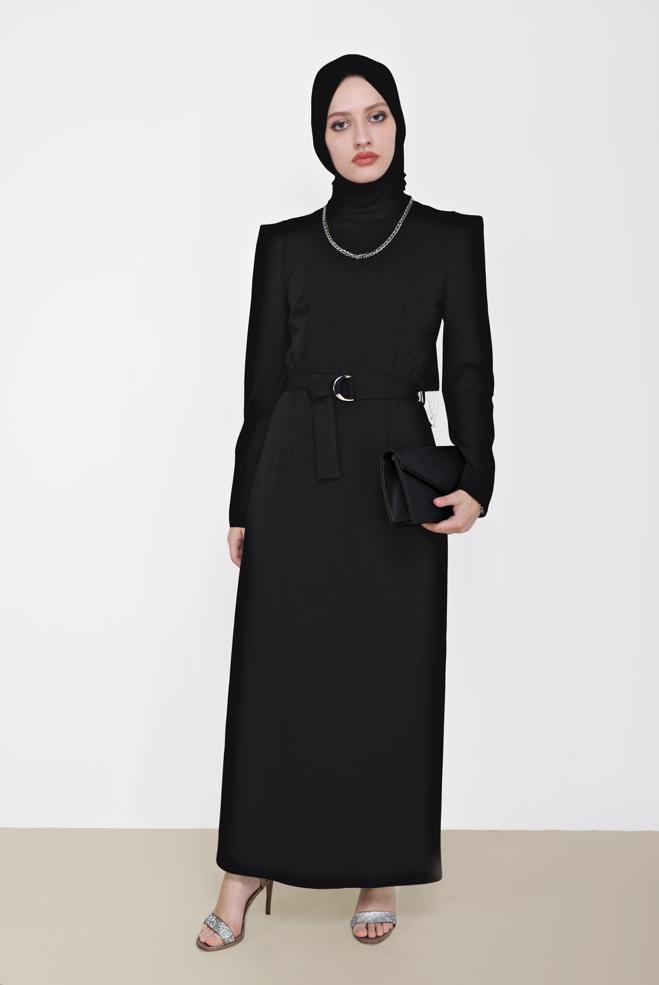 Vêtements hijab  ROBE COL MANDARINE DÉTAIL CEINTURE 42209 - ALVİNA