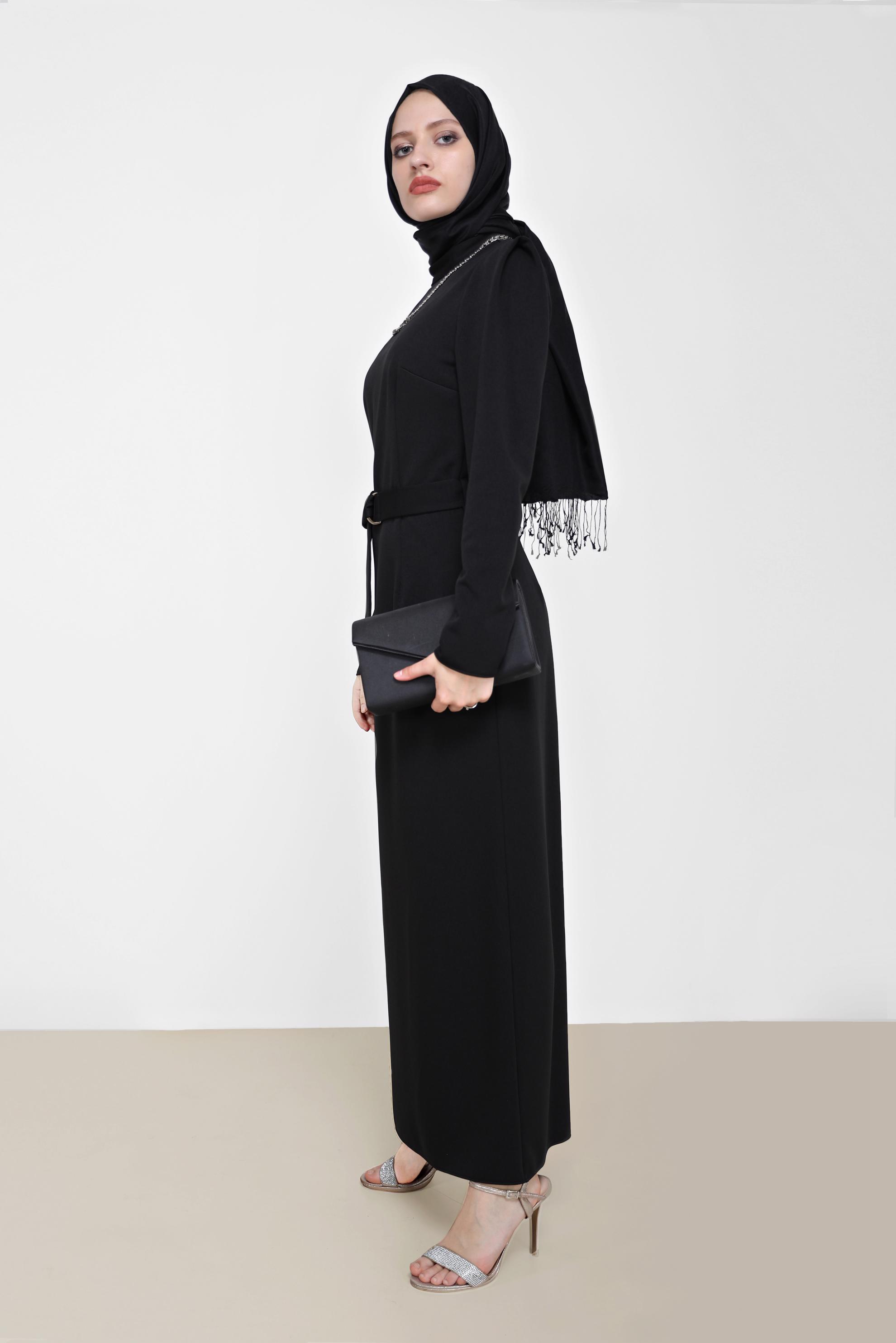 Vêtements hijab NOIR ROBE COL MANDARINE DÉTAIL CEINTURE 42209
