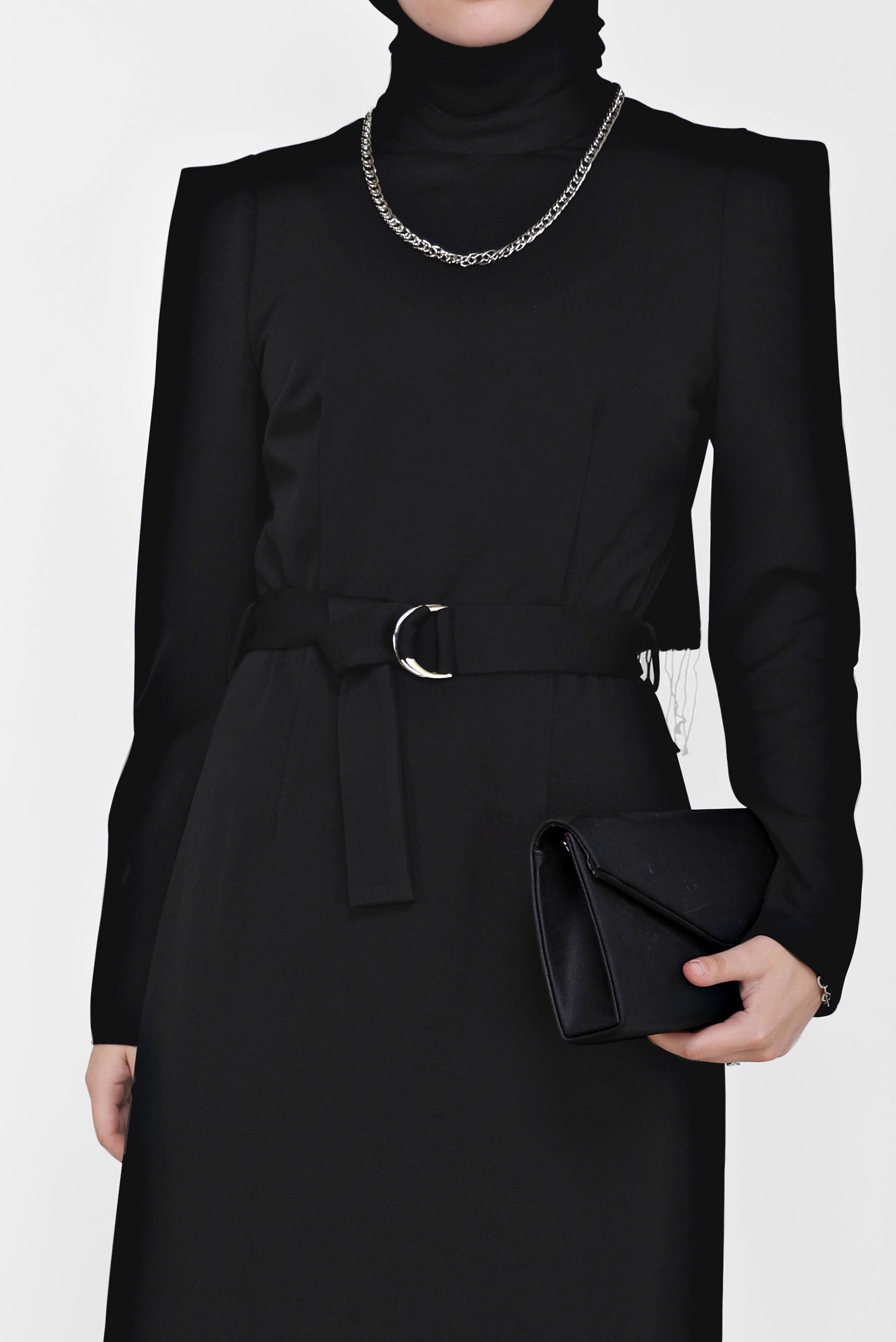 Vêtements hijab NOIR ROBE COL MANDARINE DÉTAIL CEINTURE 42209