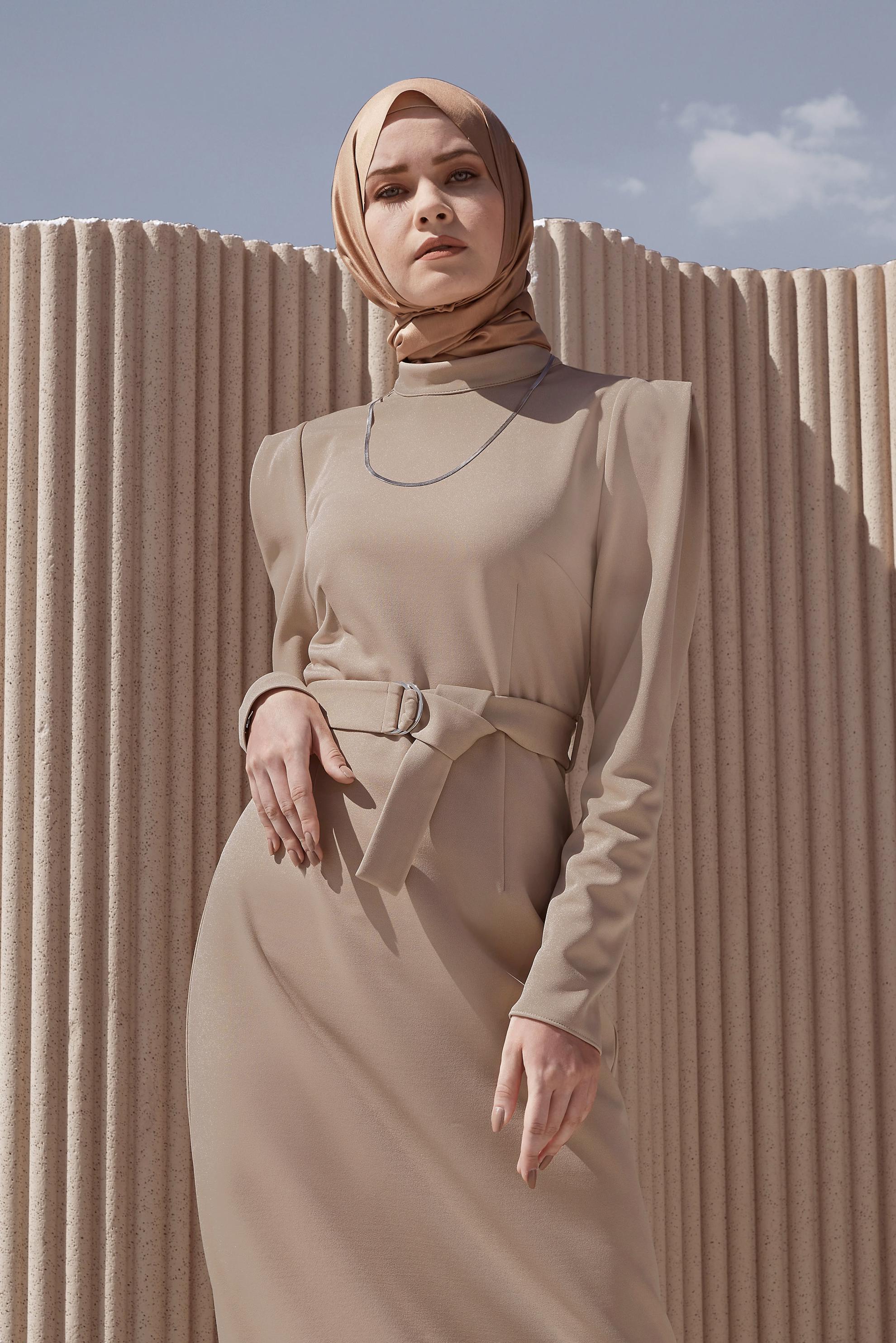 Hijab clothing BEIGE BELT DETAIL MANDARIN COLLAR DRESS 42209 