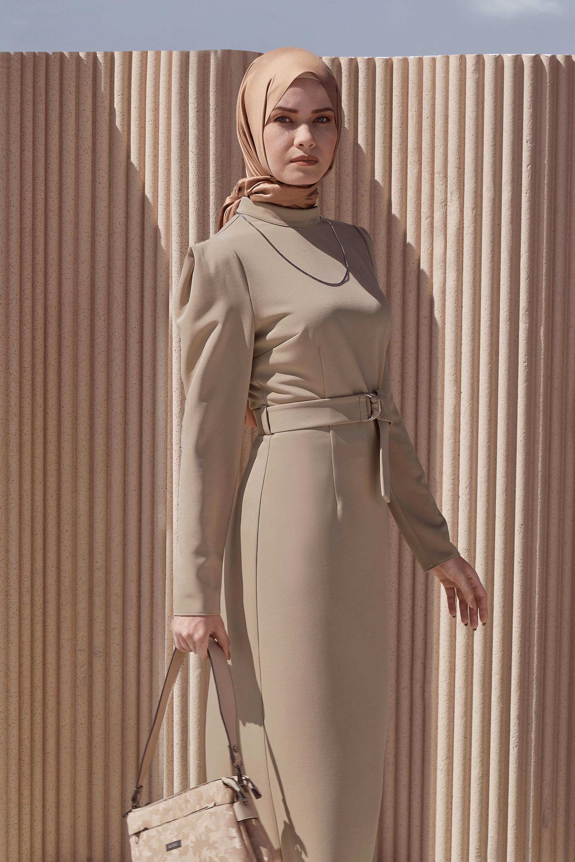 Hijab clothing BEIGE BELT DETAIL MANDARIN COLLAR DRESS 42209 