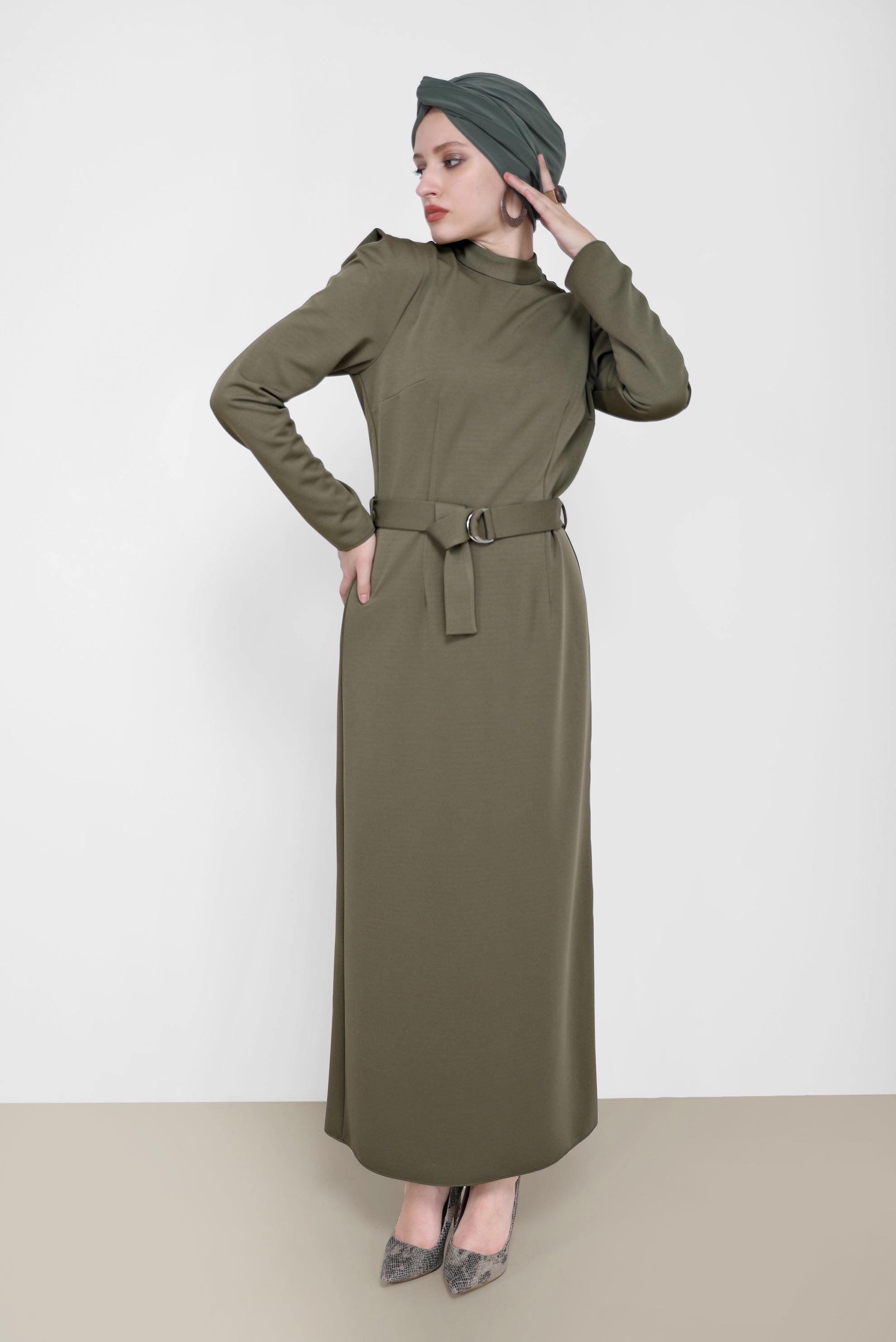 Hijab clothing KHAKI BELT DETAIL MANDARIN COLLAR DRESS 42209 