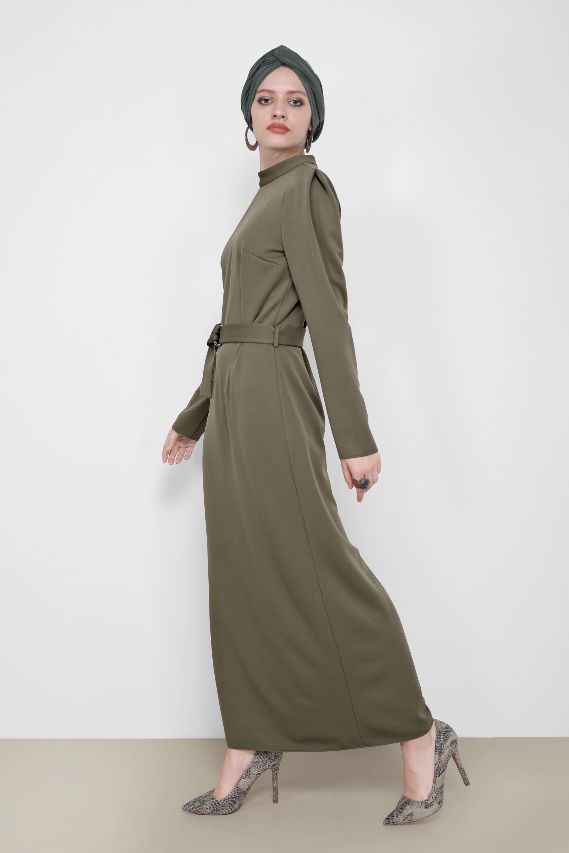 Hijab clothing KHAKI BELT DETAIL MANDARIN COLLAR DRESS 42209 