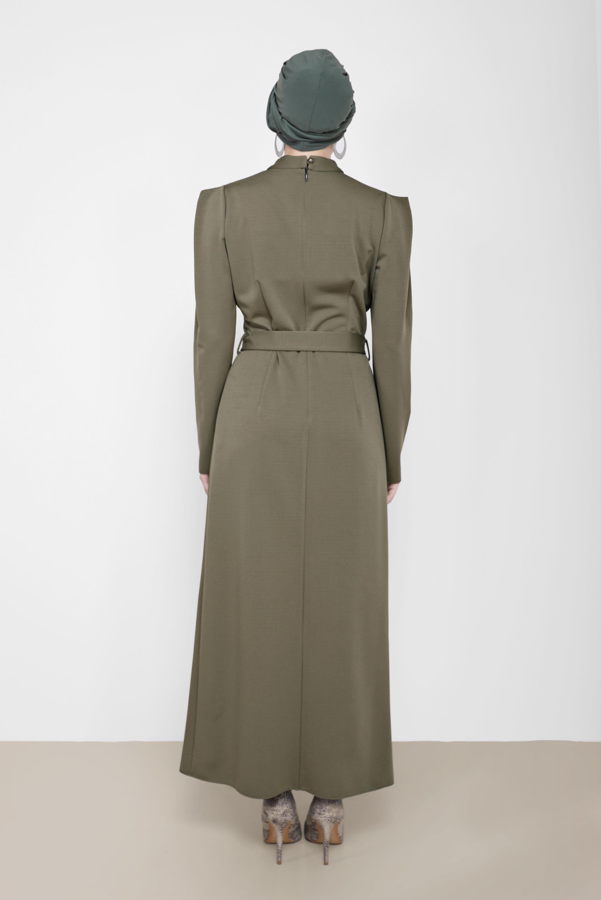 Hijab clothing KHAKI BELT DETAIL MANDARIN COLLAR DRESS 42209 