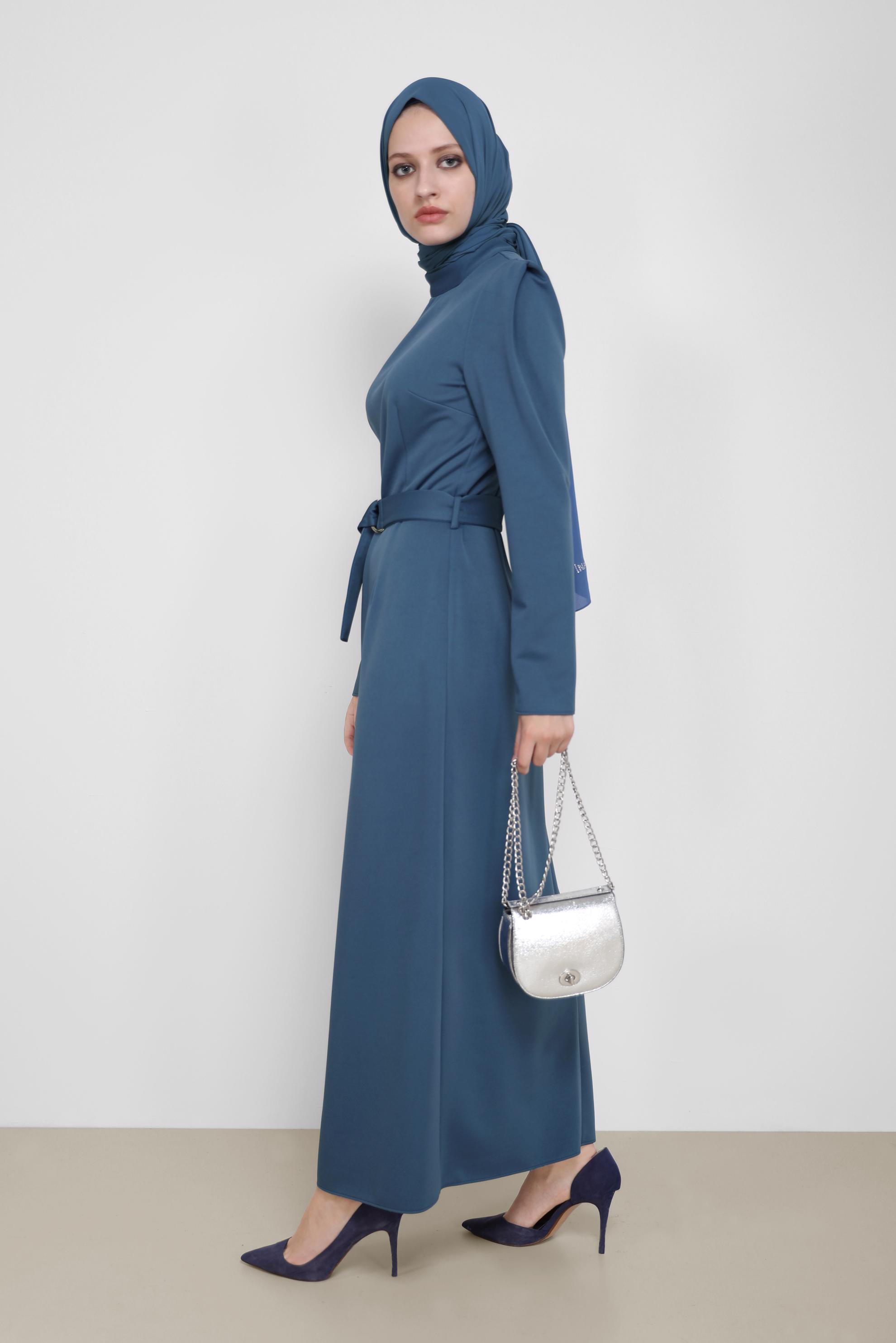 Hijab clothing NAVY BLUE BELT DETAIL MANDARIN COLLAR DRESS 42209 