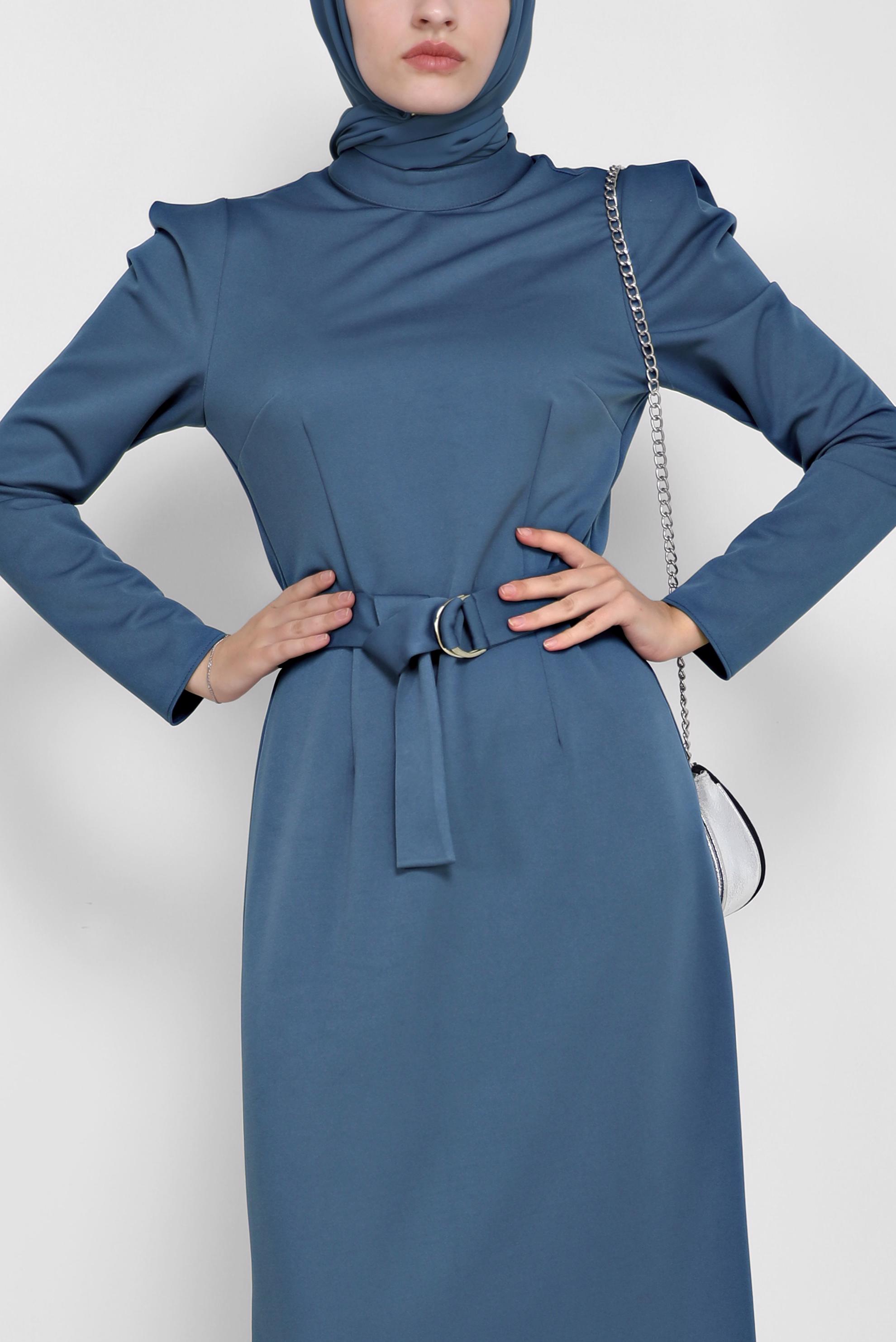Hijab clothing NAVY BLUE BELT DETAIL MANDARIN COLLAR DRESS 42209 