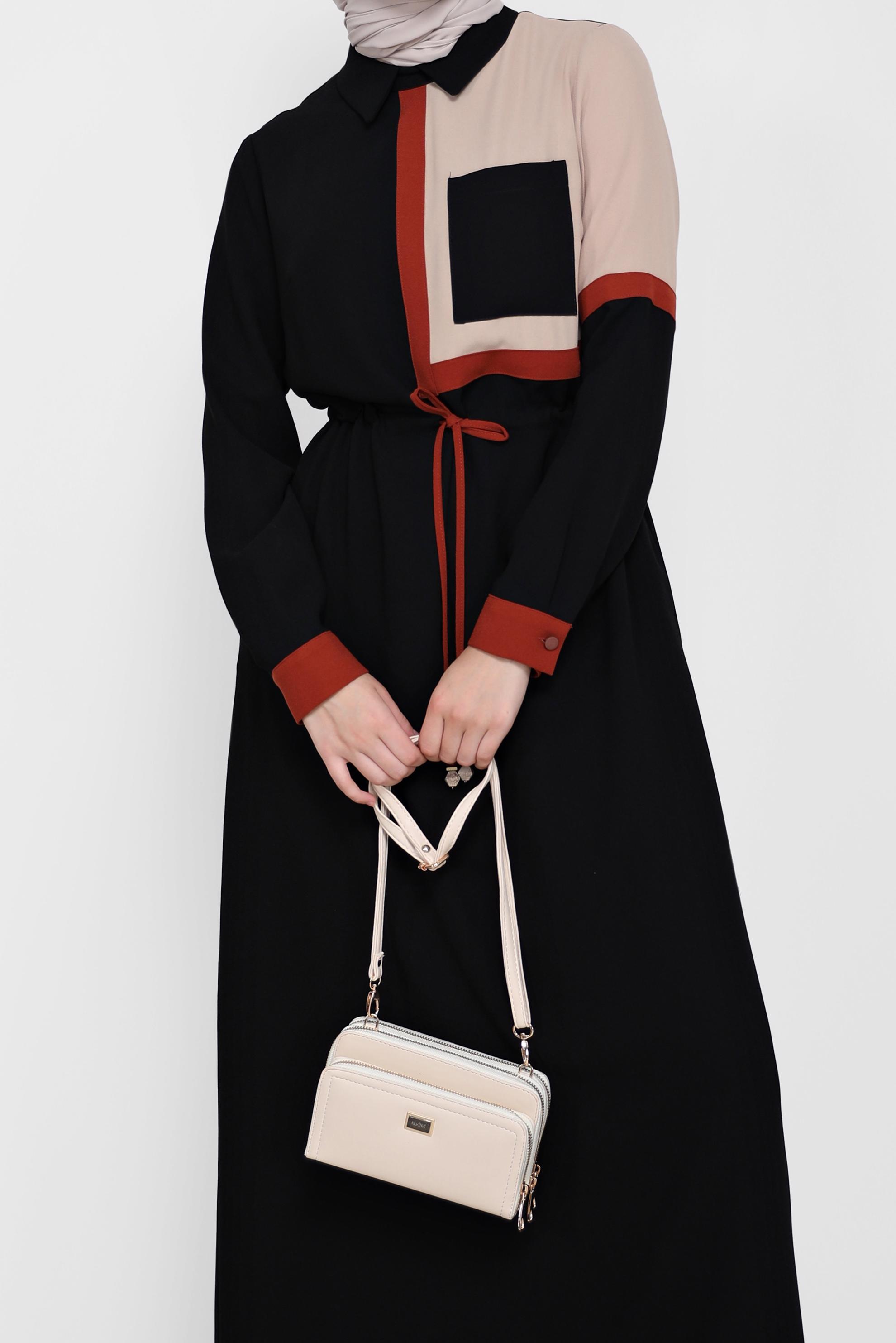 Tesettür giyim SİYAH BELİ BÜZGÜLÜ 3-RENKLİ KREP ELBİSE 42219 