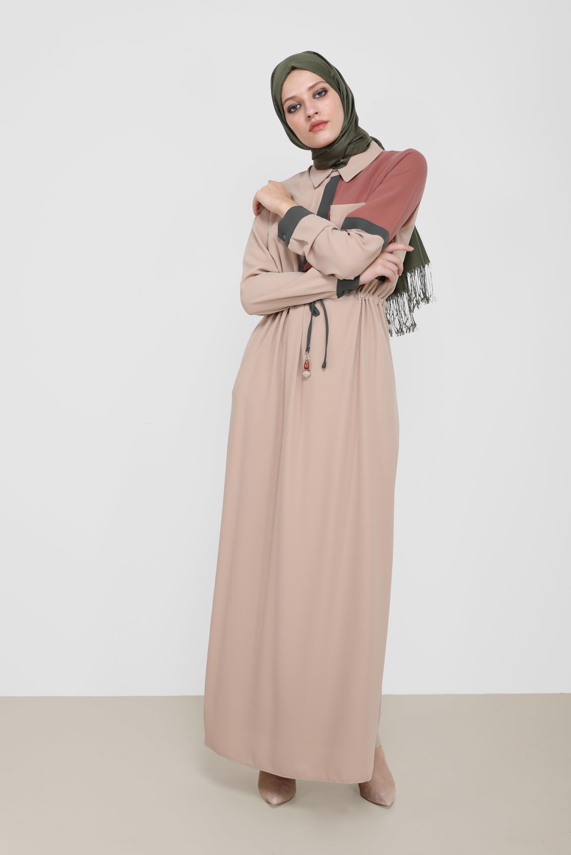 Hijab clothing BEIGE 3-COLOR SMOCKING DETAIL CREPE DRESS 42219 