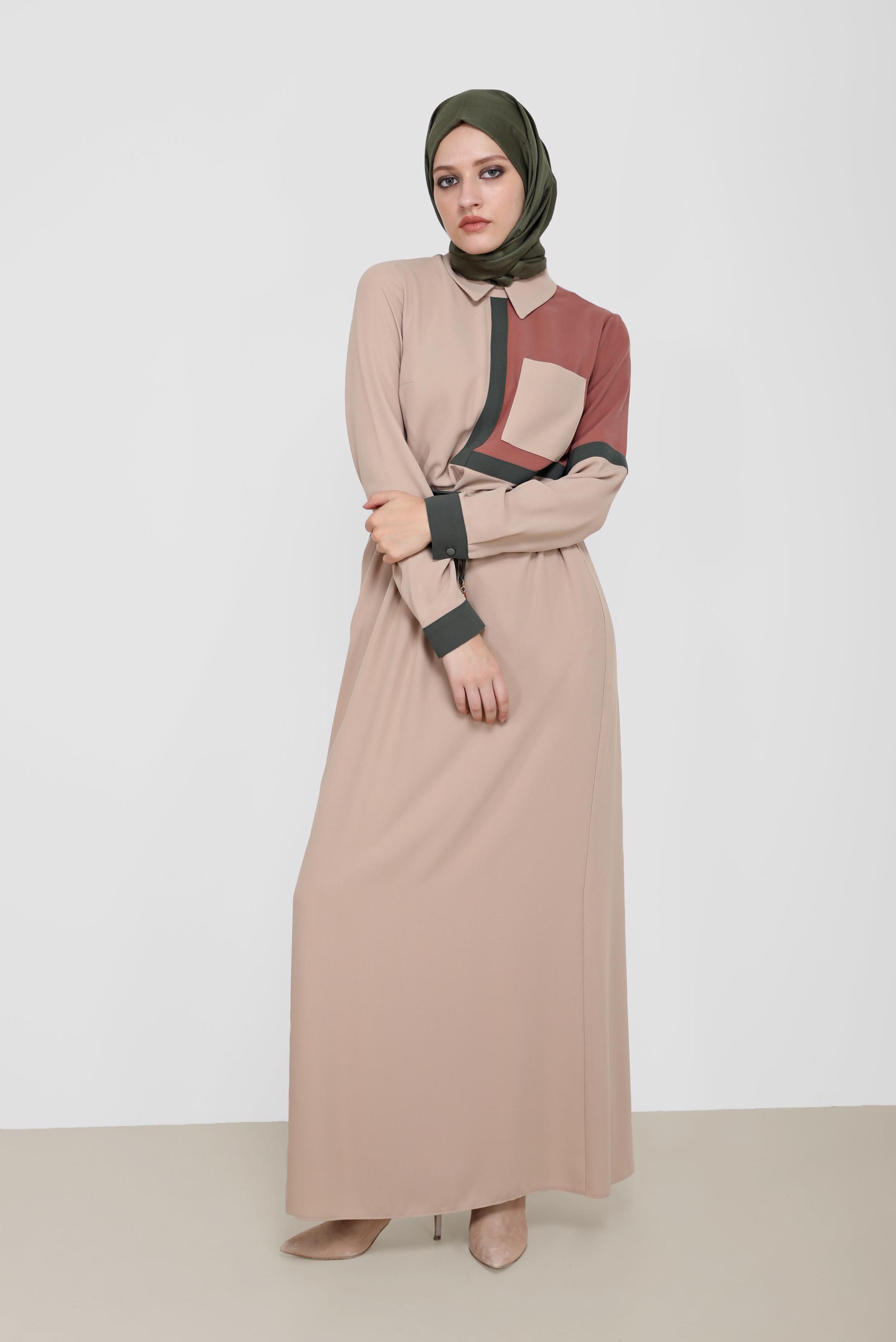 Hijab clothing BEIGE 3-COLOR SMOCKING DETAIL CREPE DRESS 42219 
