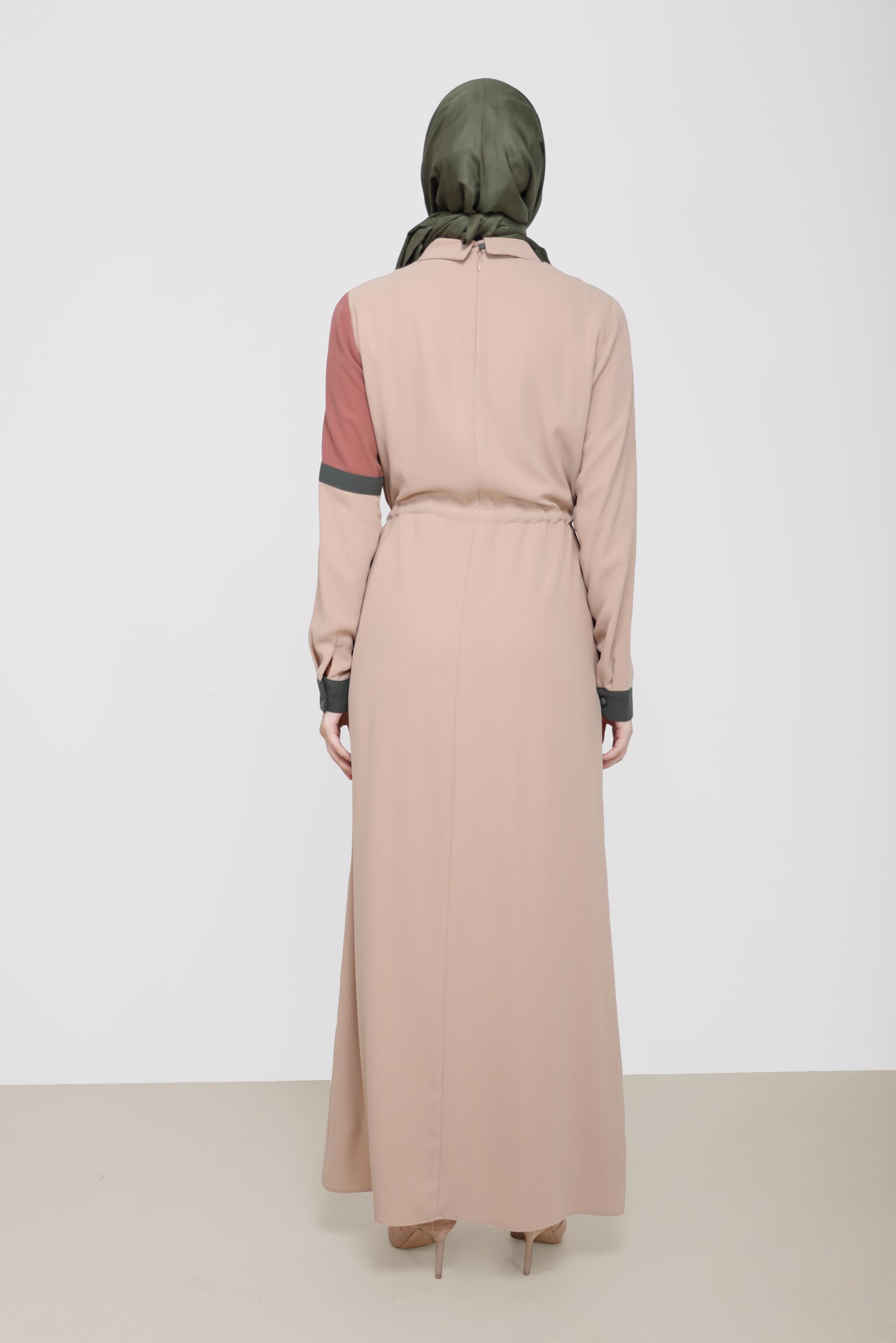 Hijab clothing BEIGE 3-COLOR SMOCKING DETAIL CREPE DRESS 42219 