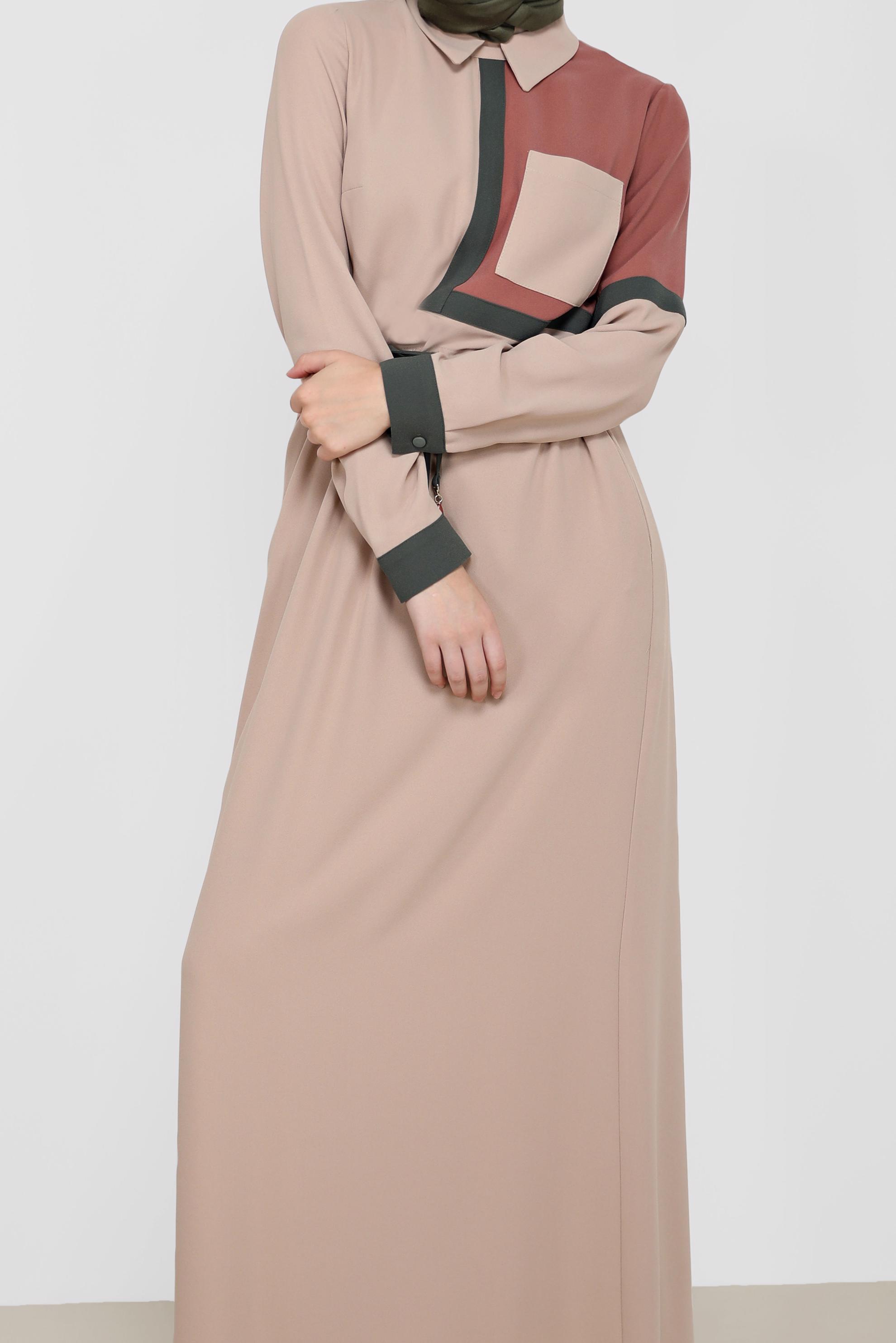 Hijab clothing BEIGE 3-COLOR SMOCKING DETAIL CREPE DRESS 42219 