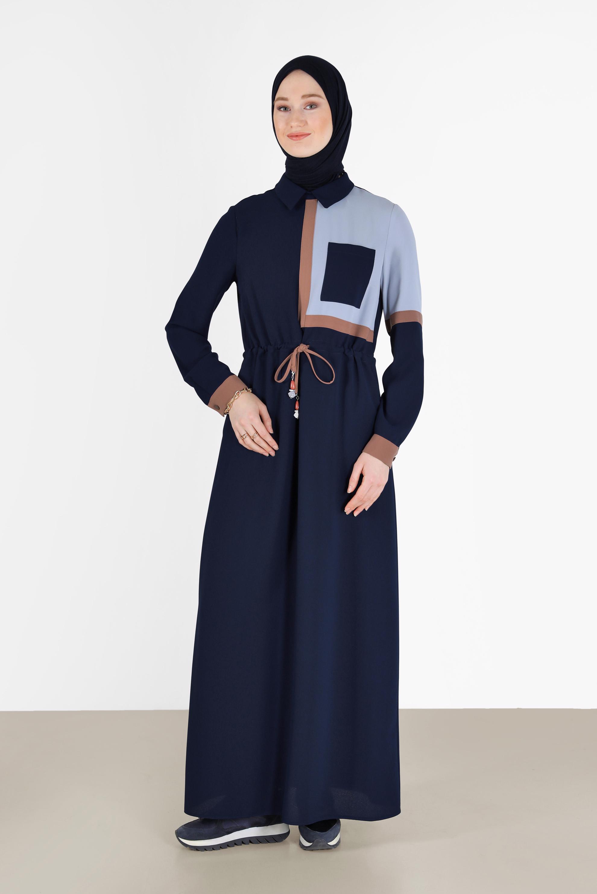 Hijab clothing NAVY BLUE 3-COLOR SMOCKING DETAIL CREPE DRESS 42219 