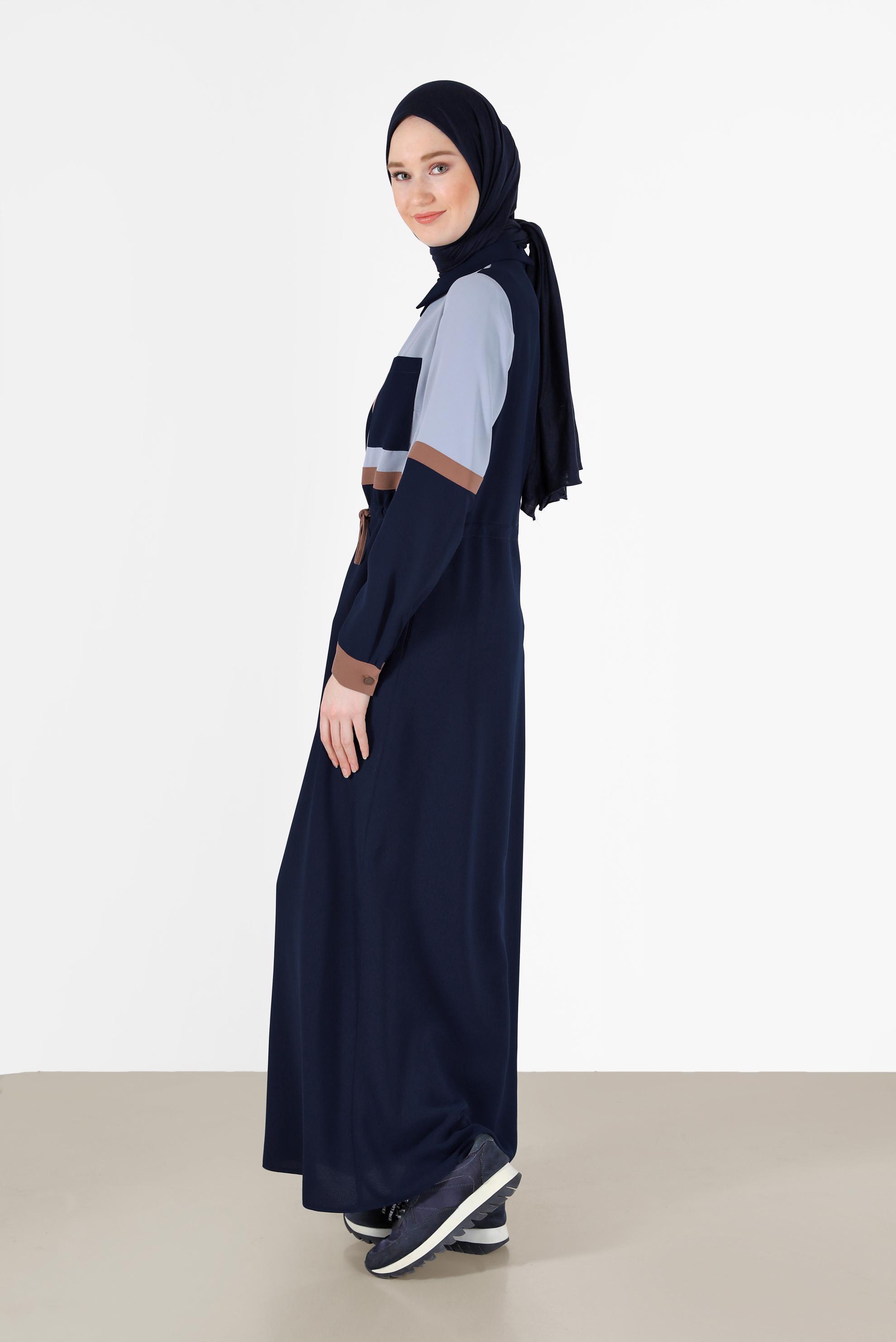 Hijab clothing NAVY BLUE 3-COLOR SMOCKING DETAIL CREPE DRESS 42219 