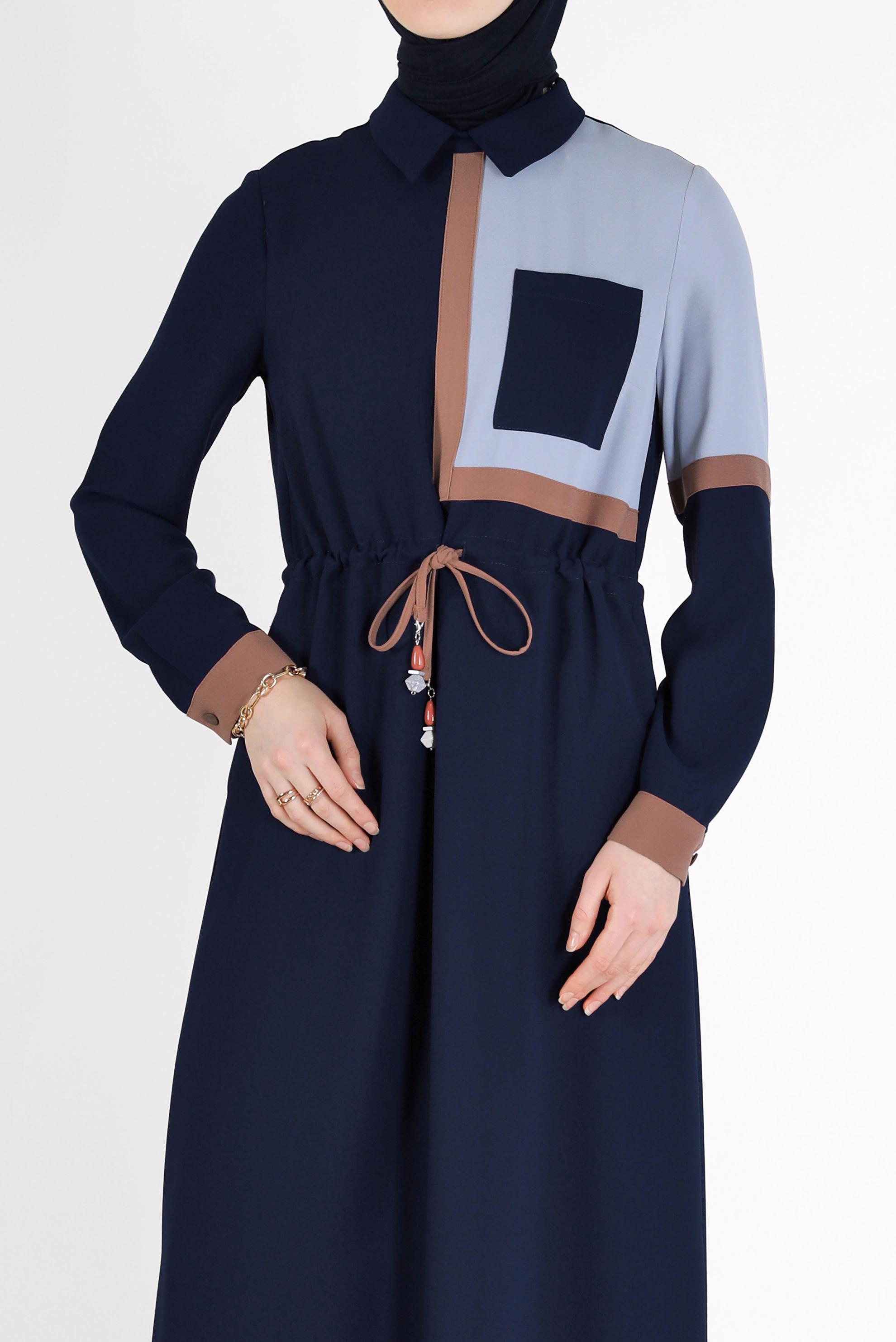 Hijab clothing NAVY BLUE 3-COLOR SMOCKING DETAIL CREPE DRESS 42219 