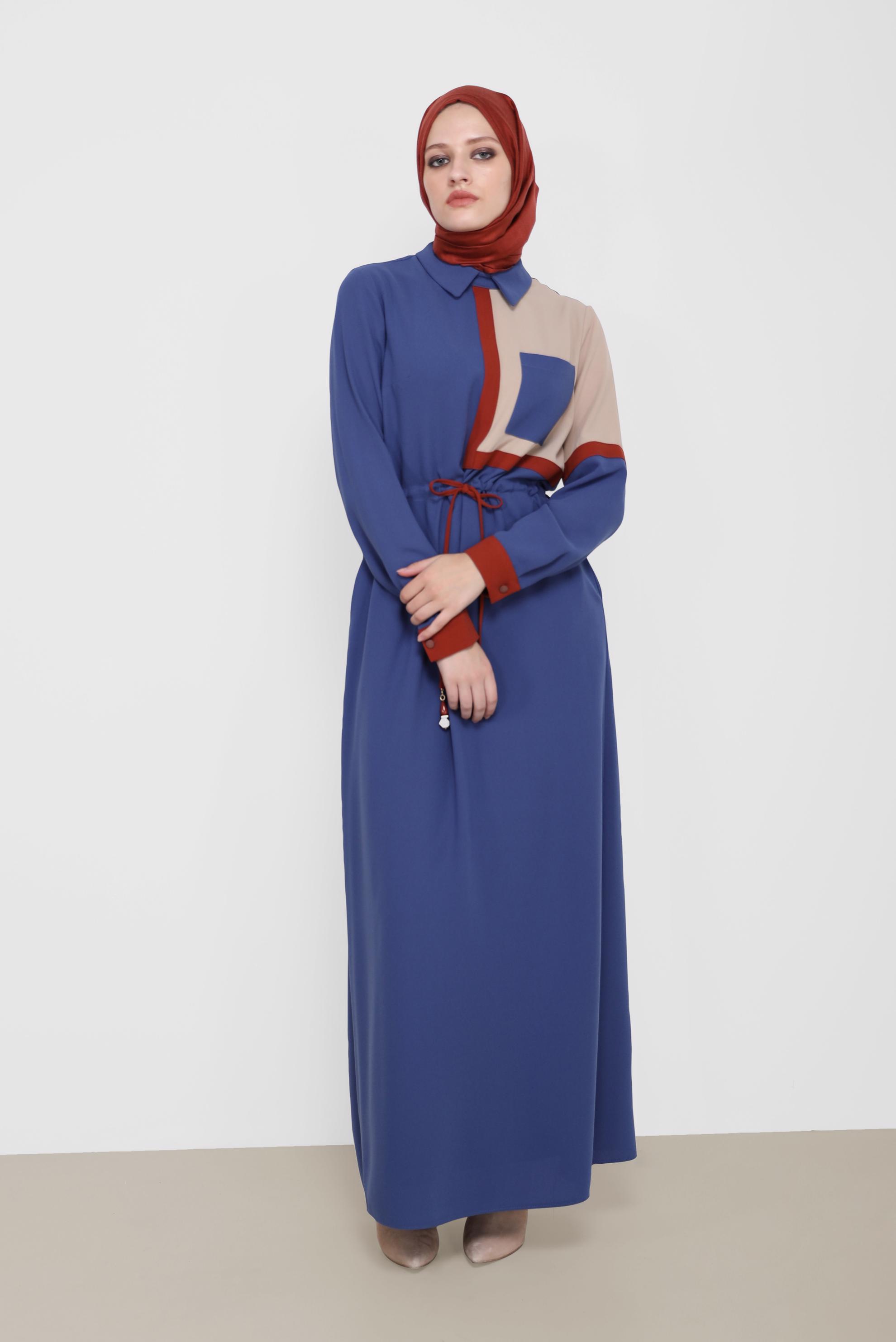 Hijab clothing NAVY BLUE 3-COLOR SMOCKING DETAIL CREPE DRESS 42219 