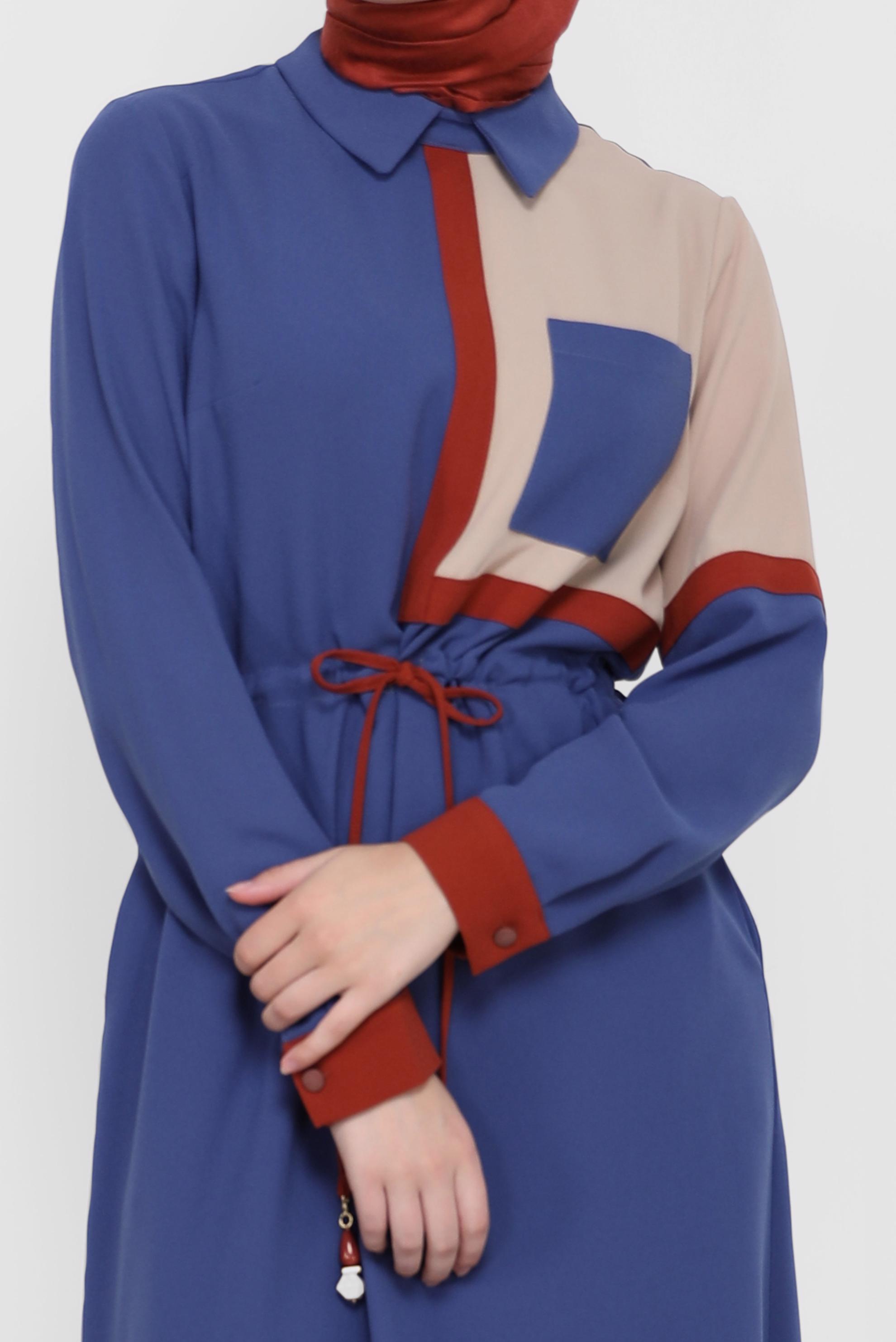 Hijab clothing NAVY BLUE 3-COLOR SMOCKING DETAIL CREPE DRESS 42219 