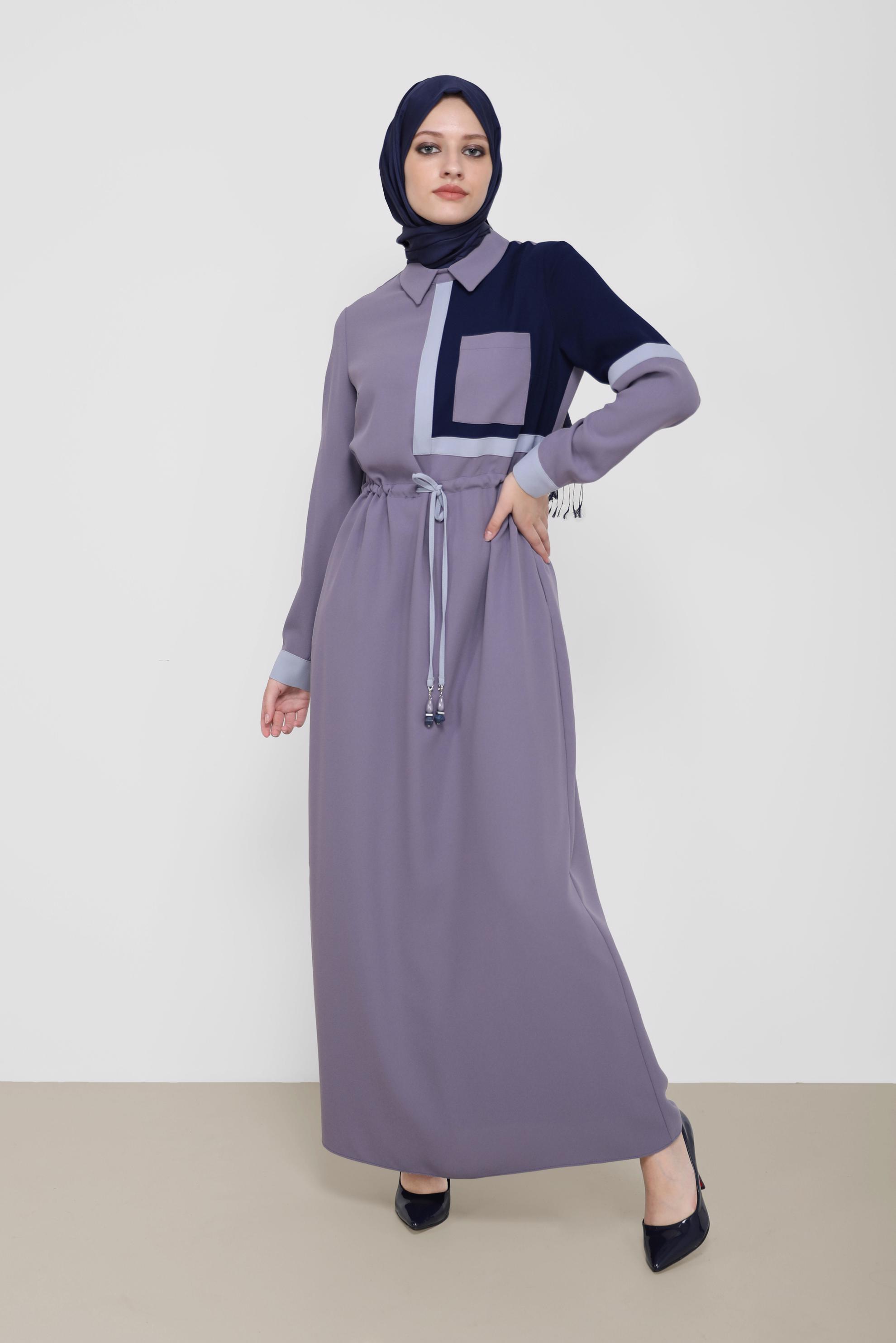 Tesettür giyim MOR BELİ BÜZGÜLÜ 3-RENKLİ KREP ELBİSE 42219 