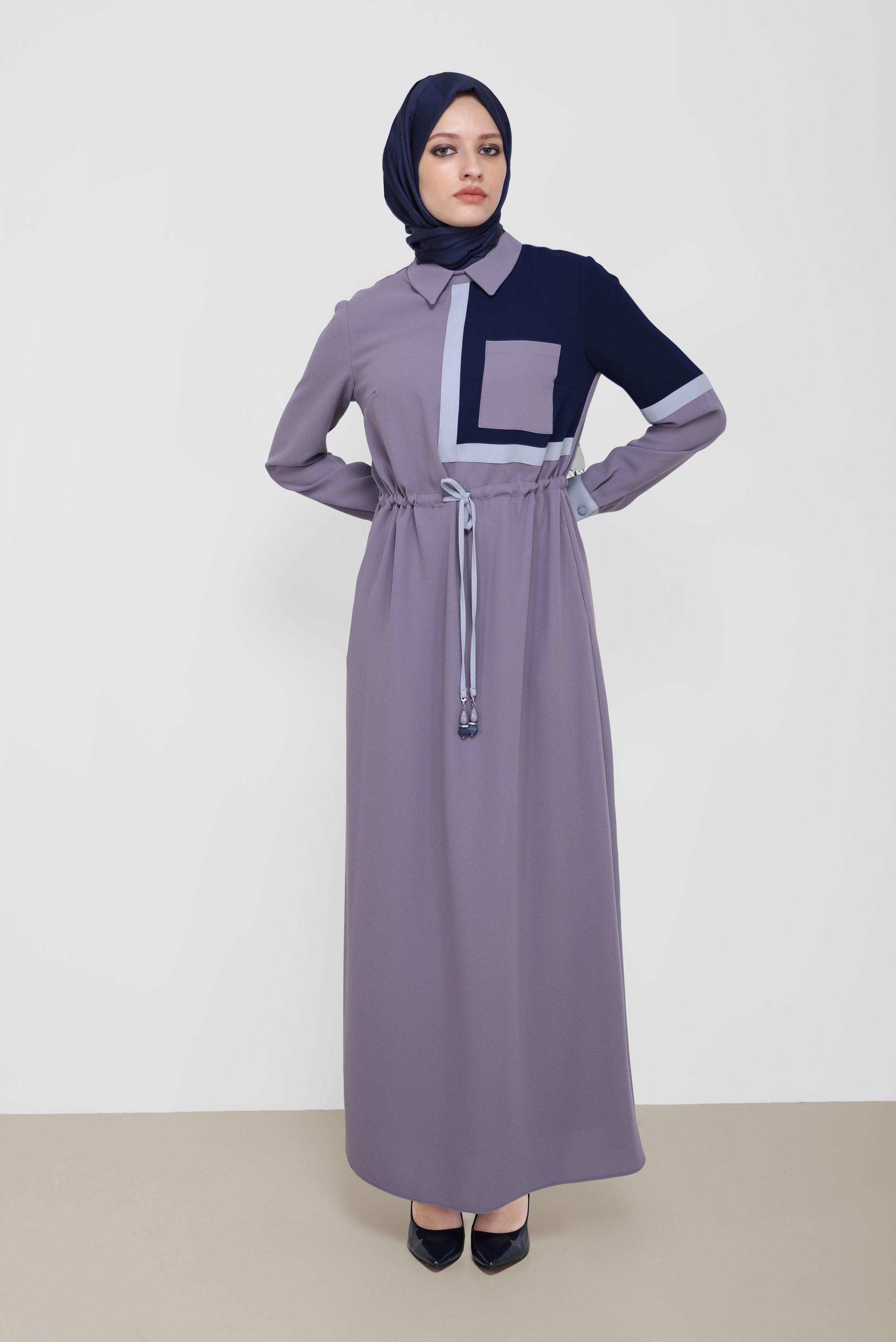Tesettür giyim MOR BELİ BÜZGÜLÜ 3-RENKLİ KREP ELBİSE 42219 