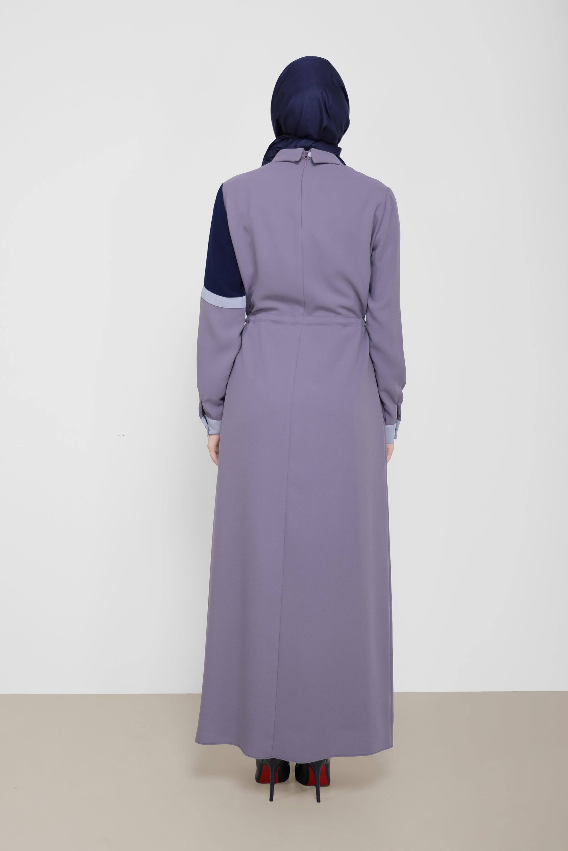 Tesettür giyim MOR BELİ BÜZGÜLÜ 3-RENKLİ KREP ELBİSE 42219 