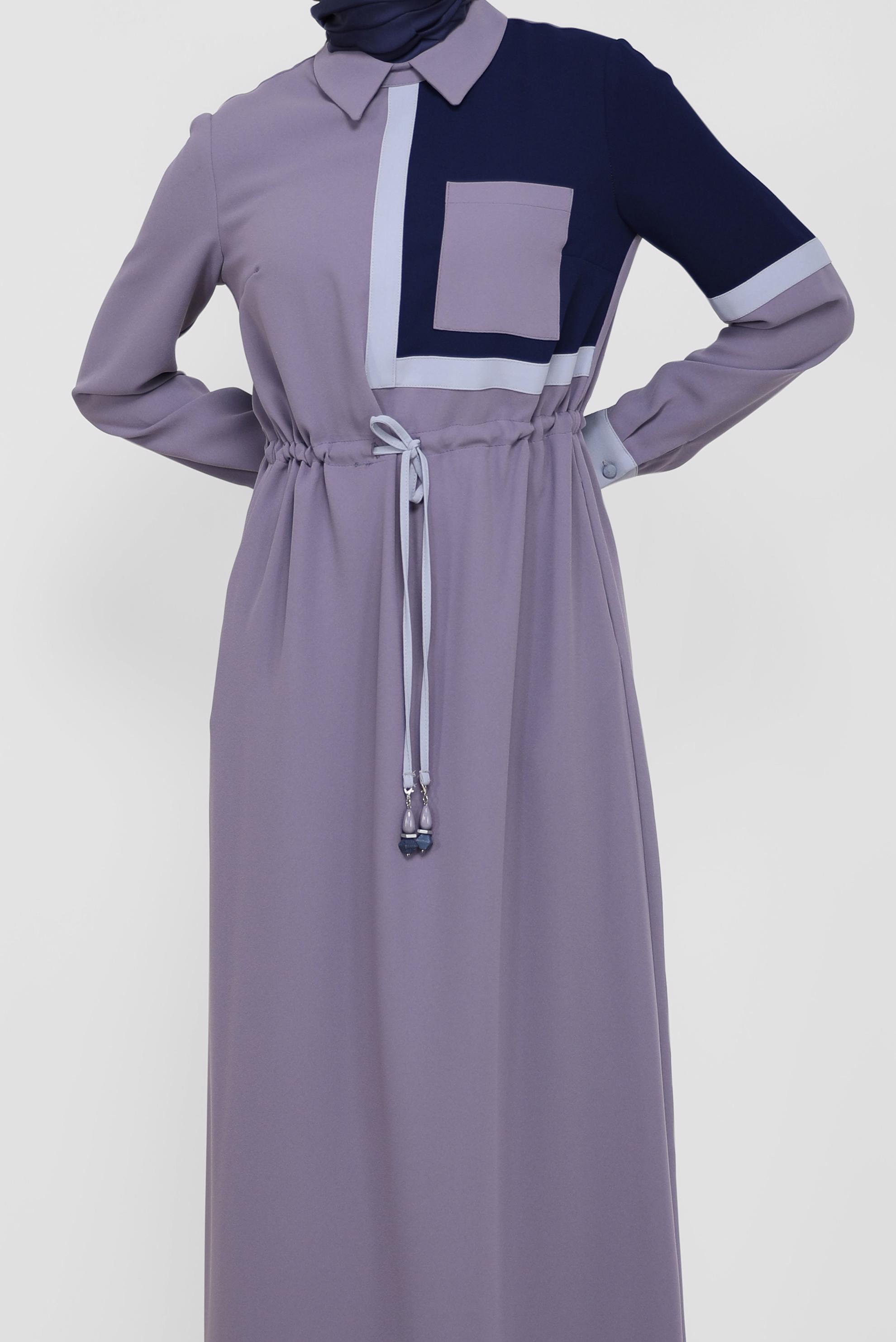 Tesettür giyim MOR BELİ BÜZGÜLÜ 3-RENKLİ KREP ELBİSE 42219 